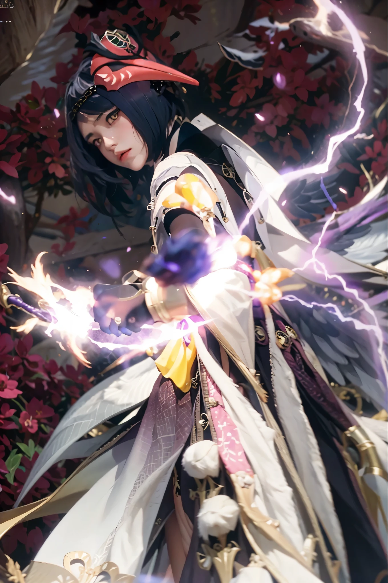 ((KUJOU SARA_GENSHIN IMPACT)),((realistic, photorealistic)),(highlight hair)), Light reflection, (( HD )),((upper body)), (((best quality, masterpiece))), (masterpiece) (best quality) (detail) (8k) (HDR) (wallpaper) (cinematic lighting) (sharp focuasterpiece, best quality: 1.1),1girl,Jewelry accessories, gold jewelry,Eyes focus forward, arching towards the front, Custom detail, mask on the hair,Sakura leaves, arrows,Purple light, highlights, lightning purple,Black feathers, black bird wings, motion blur, purple light, red cherry blossoms, Particles light,black bird wings motion blur, glow effect,