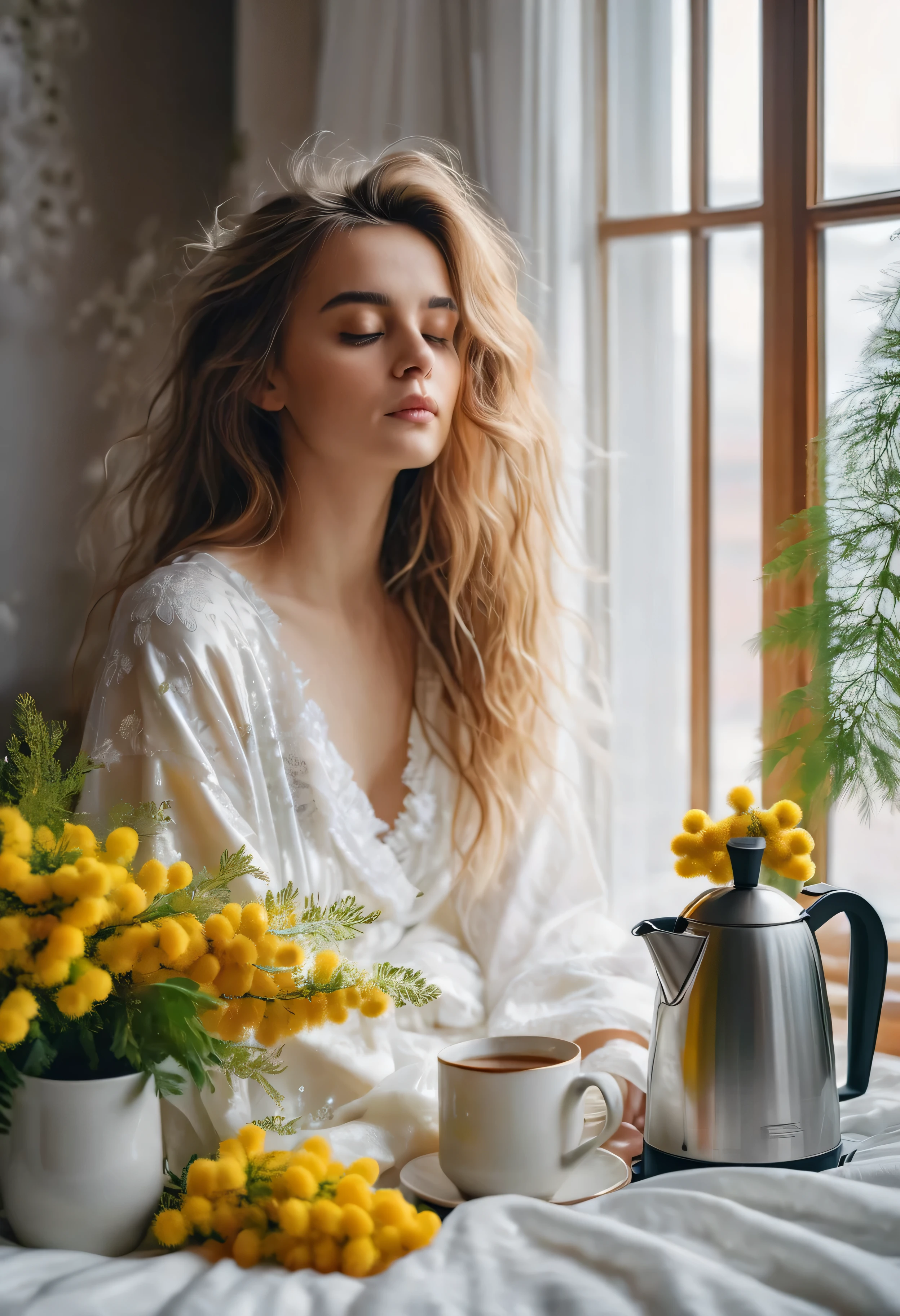 In a small bright room, a beautiful woman sits on the bed, sleepy girl, In a peignoir, with disheveled hair, there is a huge bouquet of mimosa on the table by the window, there is a copper coffee maker, hot coffee with creamy foam in a porcelain cup, High detail, Cinematic scene