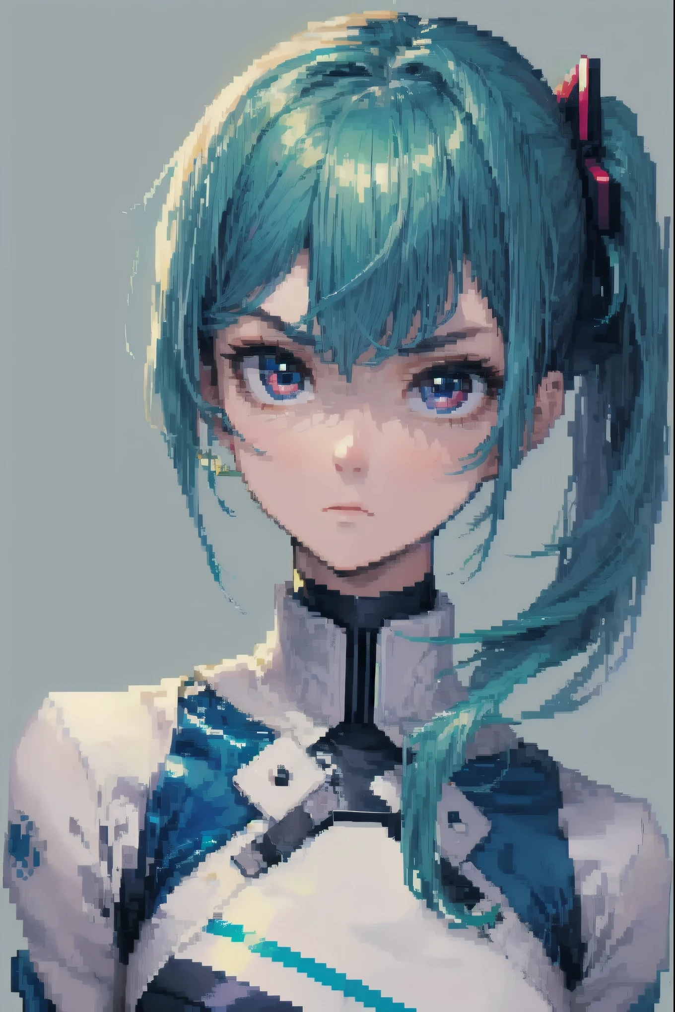 1 girl, blue hair, two ponytails, white clothes, serious expression, Upper body, Big face, pixels, pixel girl, pixel picture, simple background
