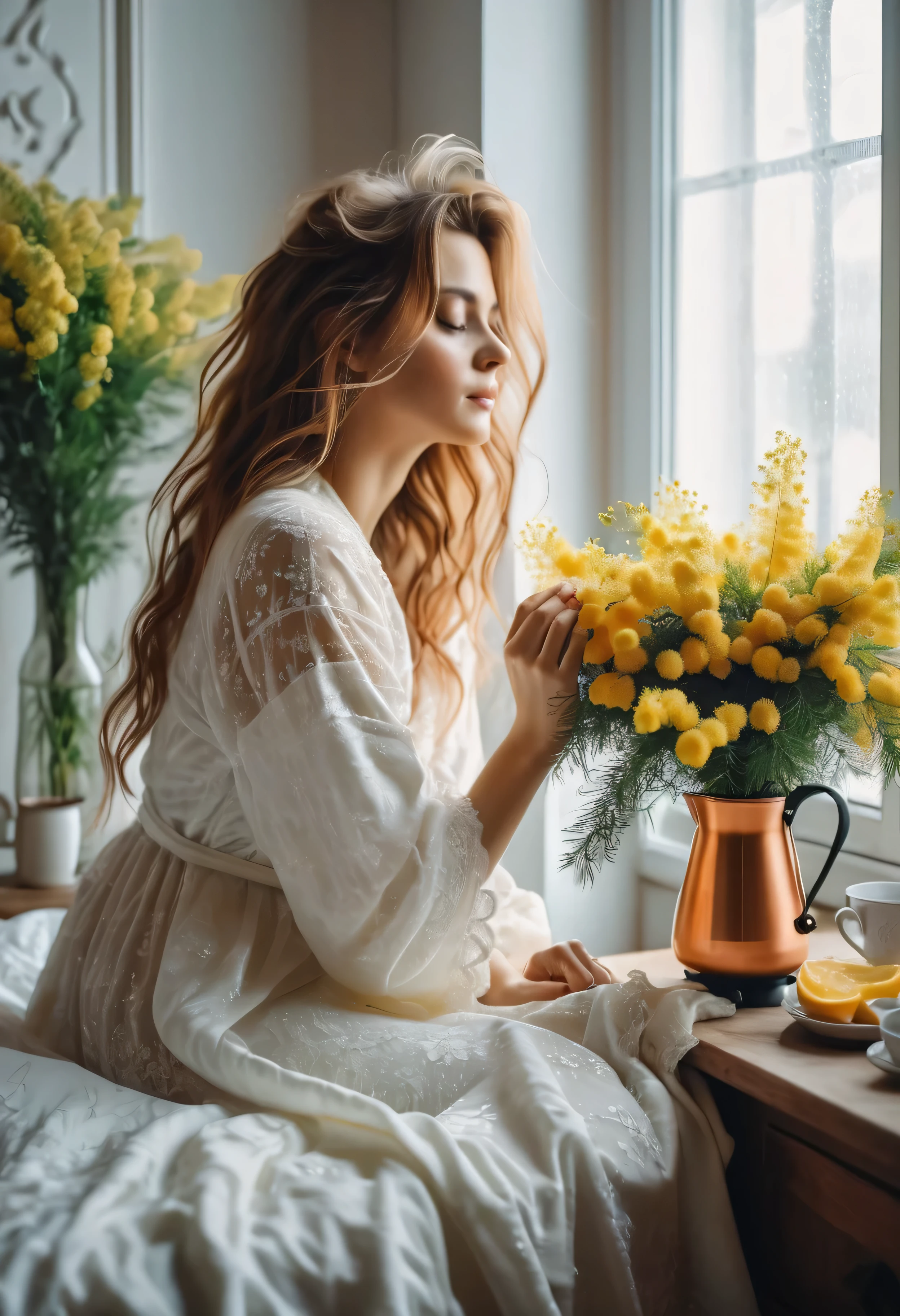 In a small bright room, a beautiful woman sits on the bed, sleepy girl, In a peignoir, with disheveled hair, there is a huge bouquet of mimosa on the table by the window, there is a copper coffee maker, hot coffee with creamy foam in a porcelain cup, High detail, Cinematic scene