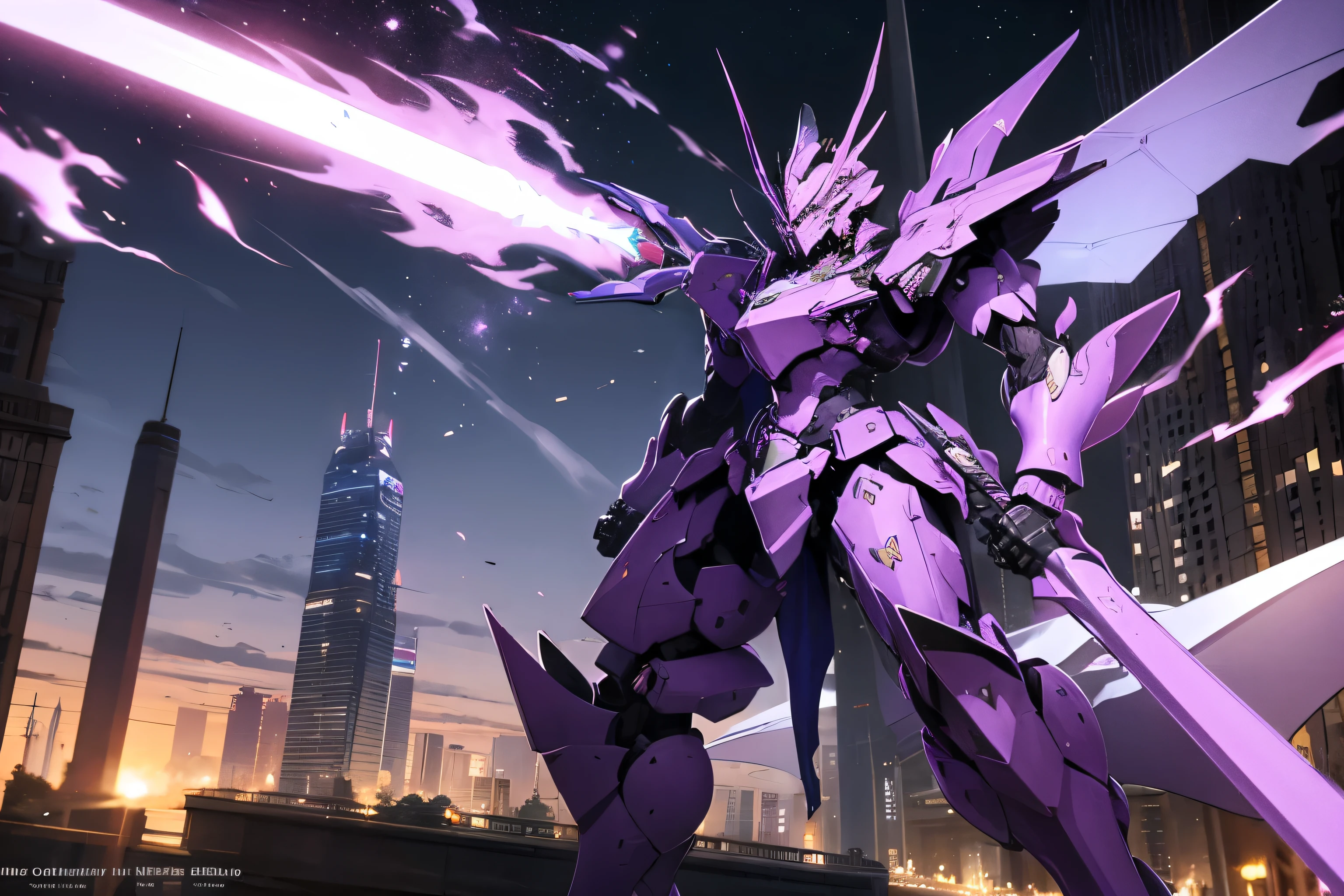 A noble knight with a halberd fighting a mecha dragon in the city, purple fire everywhere