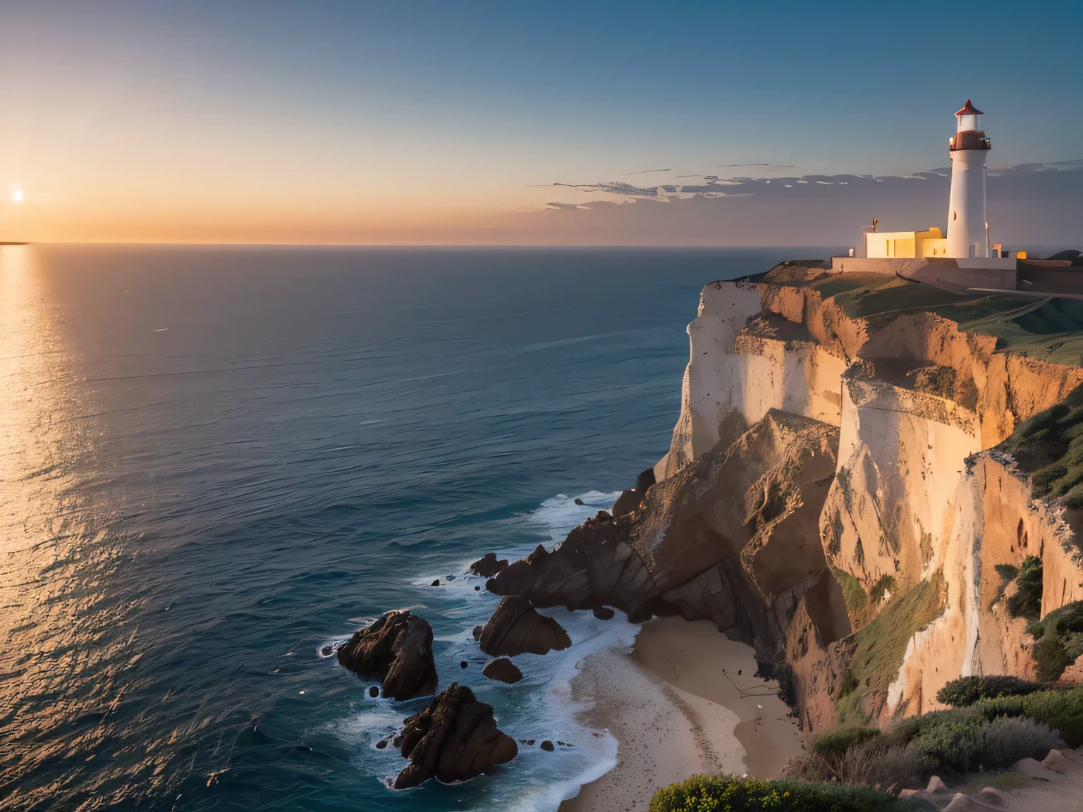 arafed view of a lighthouse on a cliff overlooking the sea, lighthouse, lighthouse, a road leading to the lighthouse, earlier, bold lighthouse in horizon, lit in the light of dawn, lighthouse in the desert, momentum, look to the right, landscape background, overlooking the sea, is an amazing, Cliff edge,