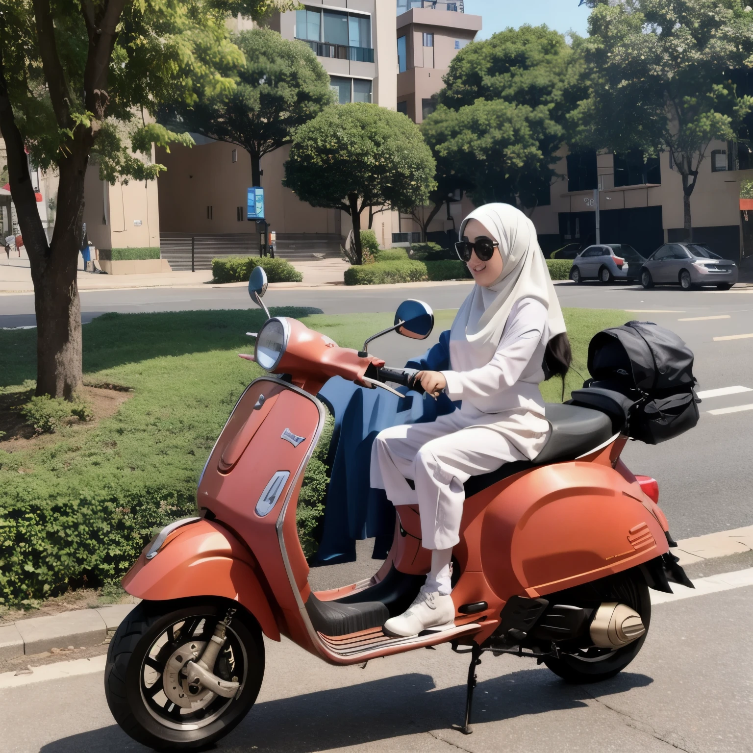 Laki-laki dan perempuan berhijab berboncengan dengan vespa