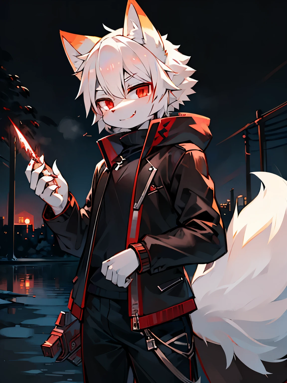 Solo, kemono, Fox ears, Fluffy White Tails,  White hair, Red eyes, wear black jacket, wear headphone, short height, evil smile, look at camera, grabbing the knife, savage, many blood on knife, in park, lake and city background, night time, knife fogus, high details, Left Hand Holding Pistol, Blood In Jacket, Killing people
