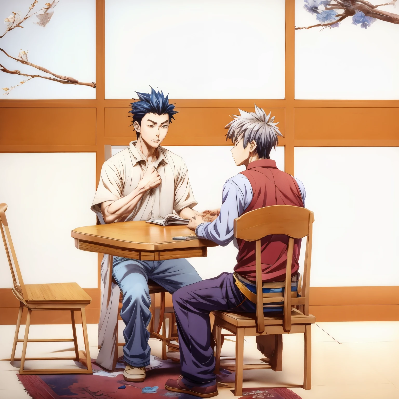 Anime scene of sitting at the table with a notebook, Xin Haicheng and (cain kuga), Madhouse studio anime style, yusuke murata and Xin Haicheng, Still from TV animation, moebius and Xin Haicheng, ( ( Xin Haicheng ) ), sakimichan and Xin Haicheng（The two talked）