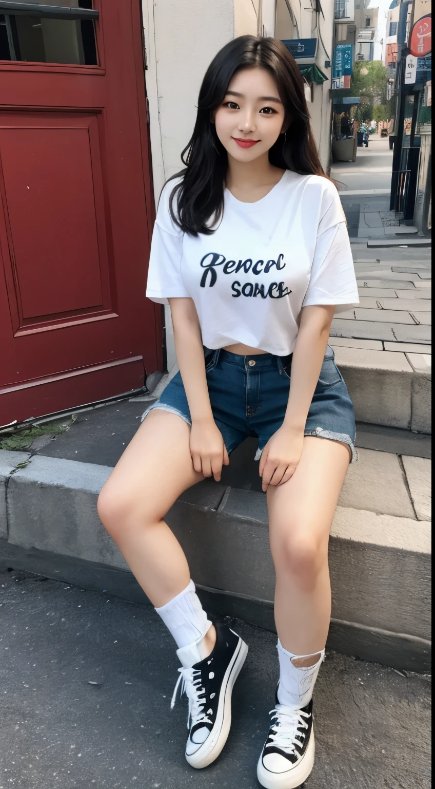 full body photo,highest image quality,realistic,8K wallpaper,Beautiful Asian woman in her 20s,Japanese,popular korean makeup,big bust,White cropped short-sleeved T-shirt and short jean shorts,black knee socks,Black Converse Sneakers,smile,Seoul city background,(breast swelling 1.2)