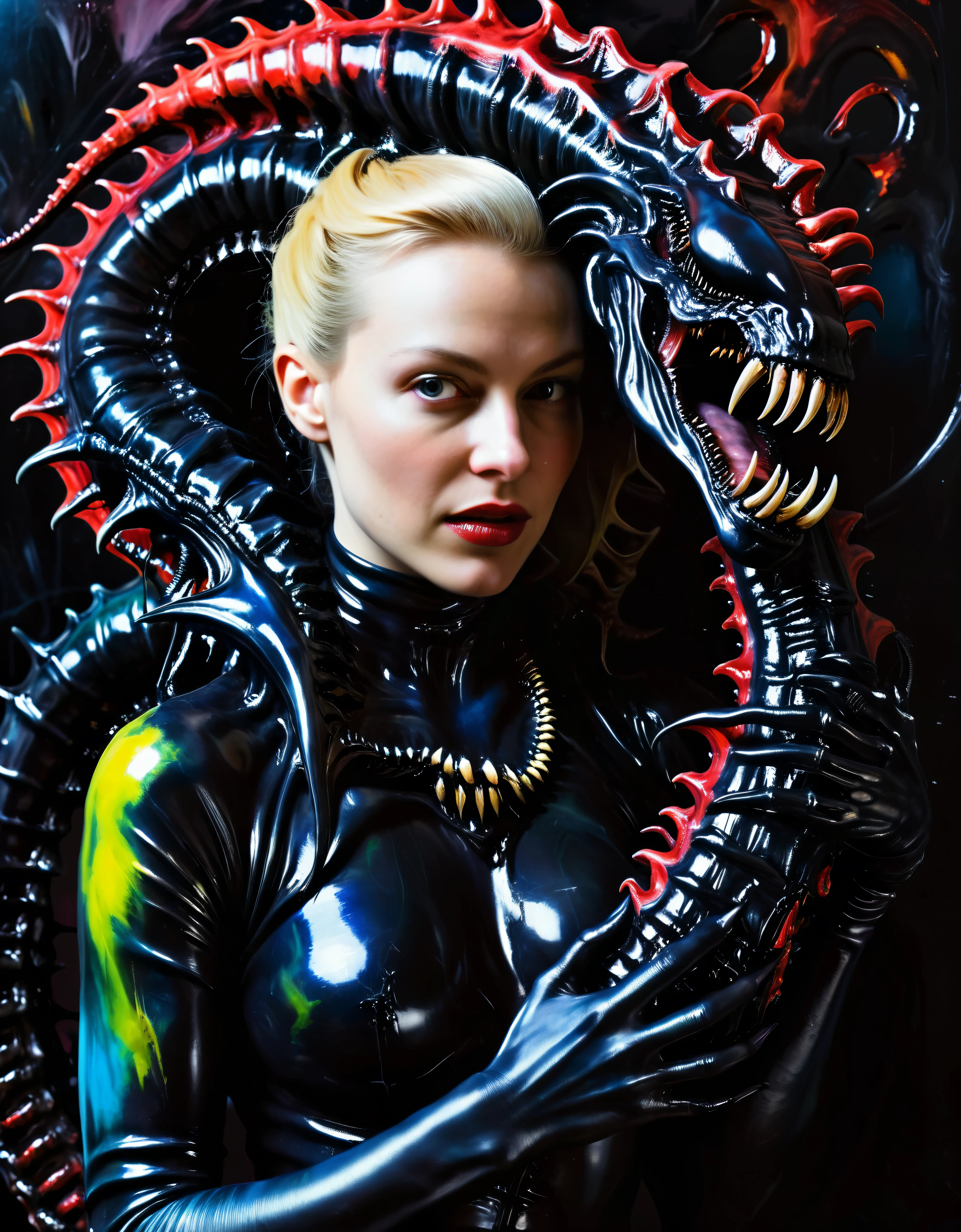 painting of Blonde woman holding a (black xenomorph|goat hybrid), black tendrils  loving happy-mother angry alien fangs claws tendrils black-ooze on walls, (vibrant-colors:1.19) (style of Caravaggio) high saturation best quality (perfect-lighting, high contrast, dark, dramatic),