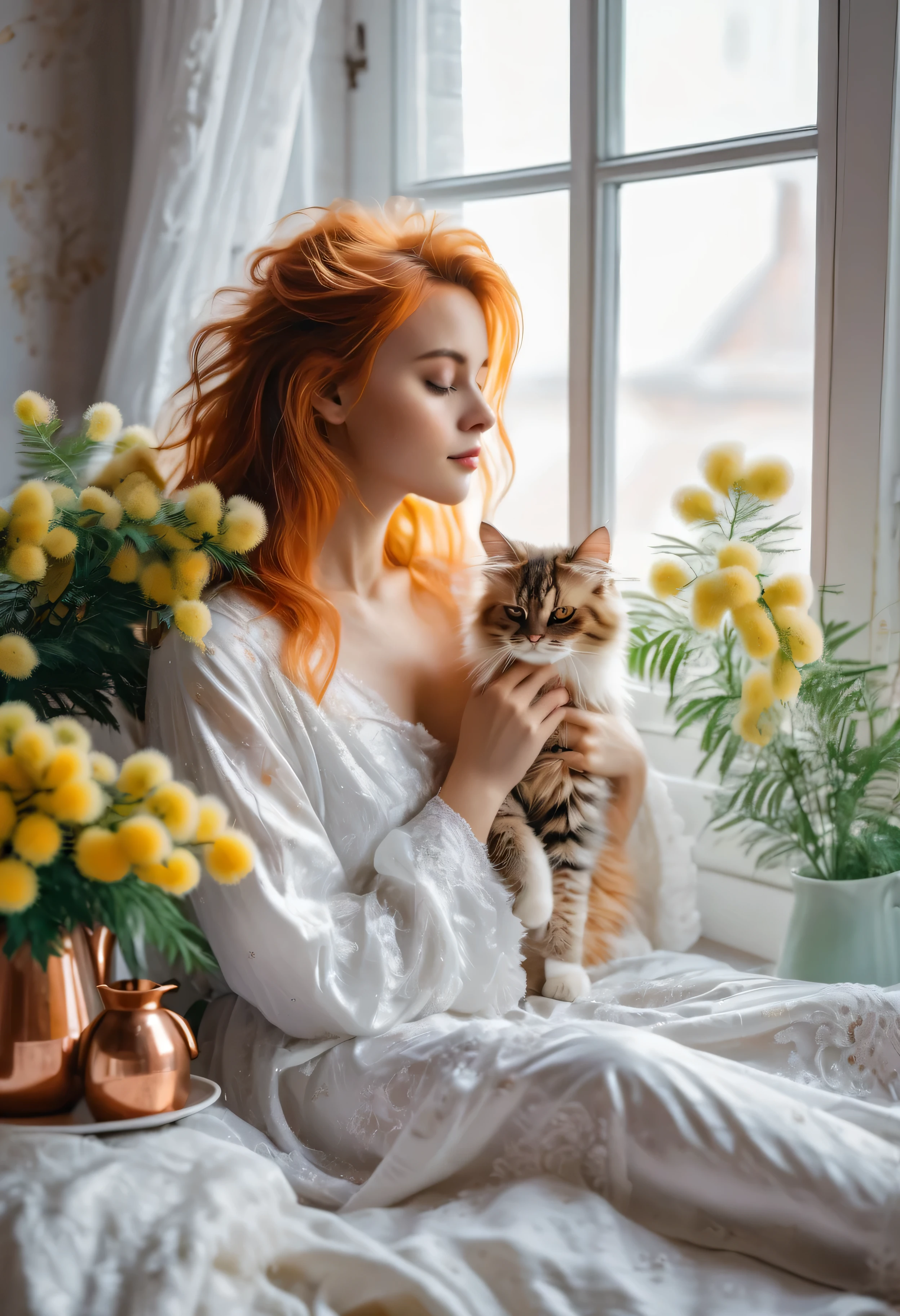 In a small bright room, a beautiful woman sits on the bed, sleepy girl, In a peignoir, with disheveled hair, fluffy lying on her lap, colorful cat, there is a huge bouquet of mimosa on the table by the window, there is a copper coffee maker, hot coffee with creamy foam in a porcelain cup, High detail, Cinematic scene