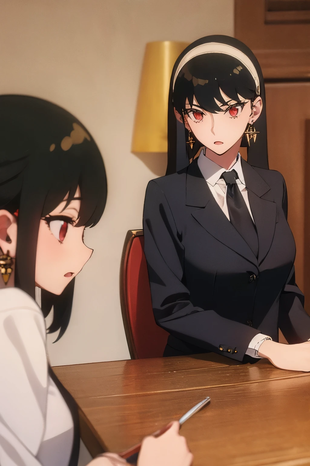 top-quality、​masterpiece、hight resolution、1girl in、A slender、 Bangs、side locks、shairband、 (Red Eyes:1.5)、Yellow Hairband、Black hair、Black hair、earrings、Business suits、Office Suits