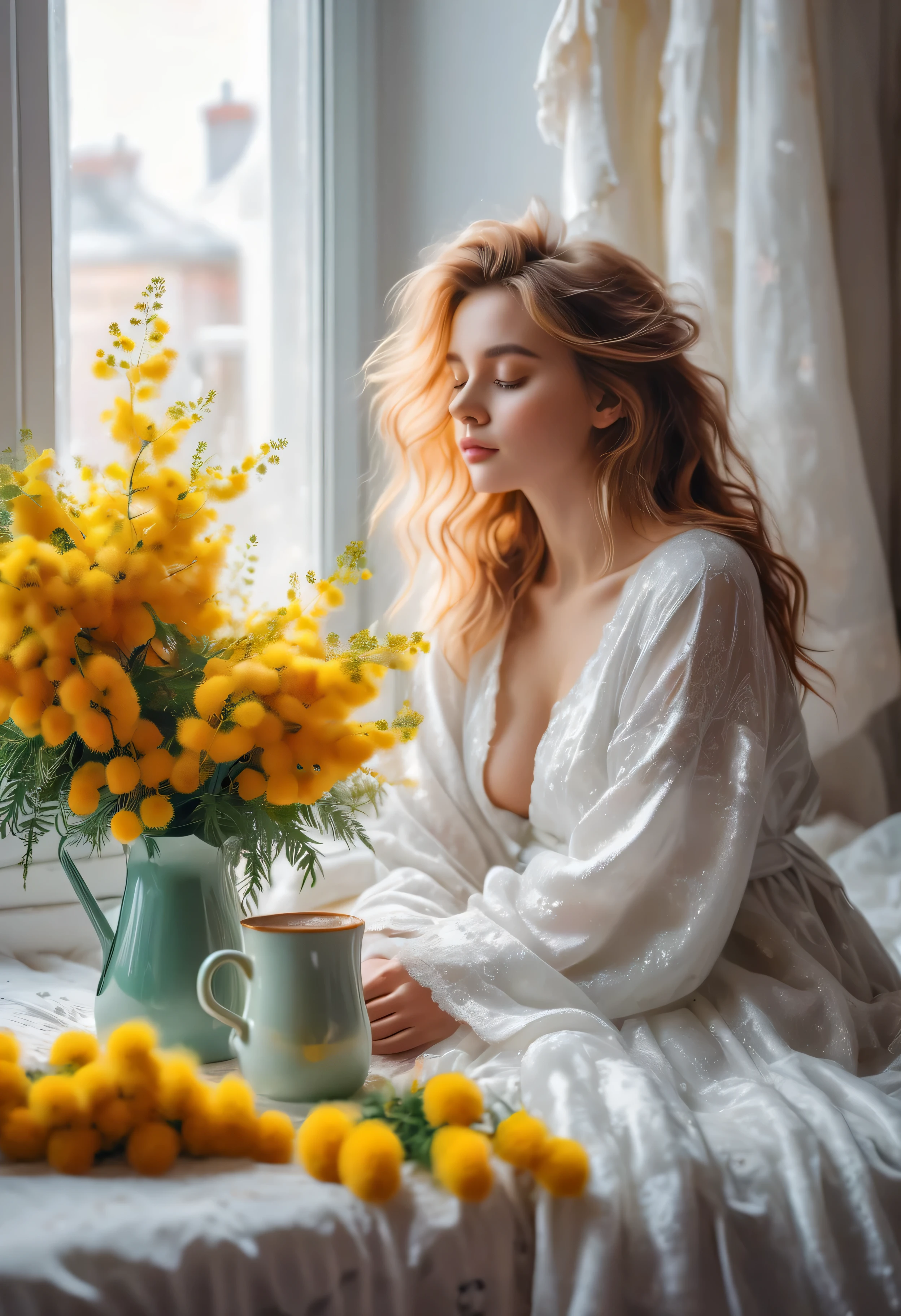 In a small bright room, a beautiful woman sits on the bed, sleepy girl, In a peignoir, with disheveled hair, fluffy lying on her lap, colorful cat, there is a huge bouquet of mimosa on the table by the window, there is a copper coffee maker, hot coffee with creamy foam in a porcelain cup, High detail, Cinematic scene