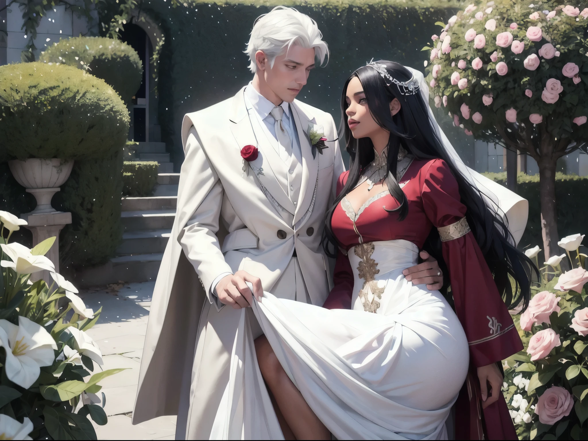 a white man and a African american woman both wearing roccoo designed clothes getting married, man has white hair, in a garden of flowers, celebrating congregation in the background, night time with romatic lighting, with iridescent light, photorealistic image, ultra HD, cinematic lighting, art by Bella kotak, cgsociety 9, deviantart, 32k, unreal engine rendered, woman has long black hair, woman is African American, man is white. Official art, unity 8k wallpaper, super detailed, beautiful, beautiful, masterpiece, best quality,A boy, a girl, two people, man has short white hair, man in red suit and woman in red dress.