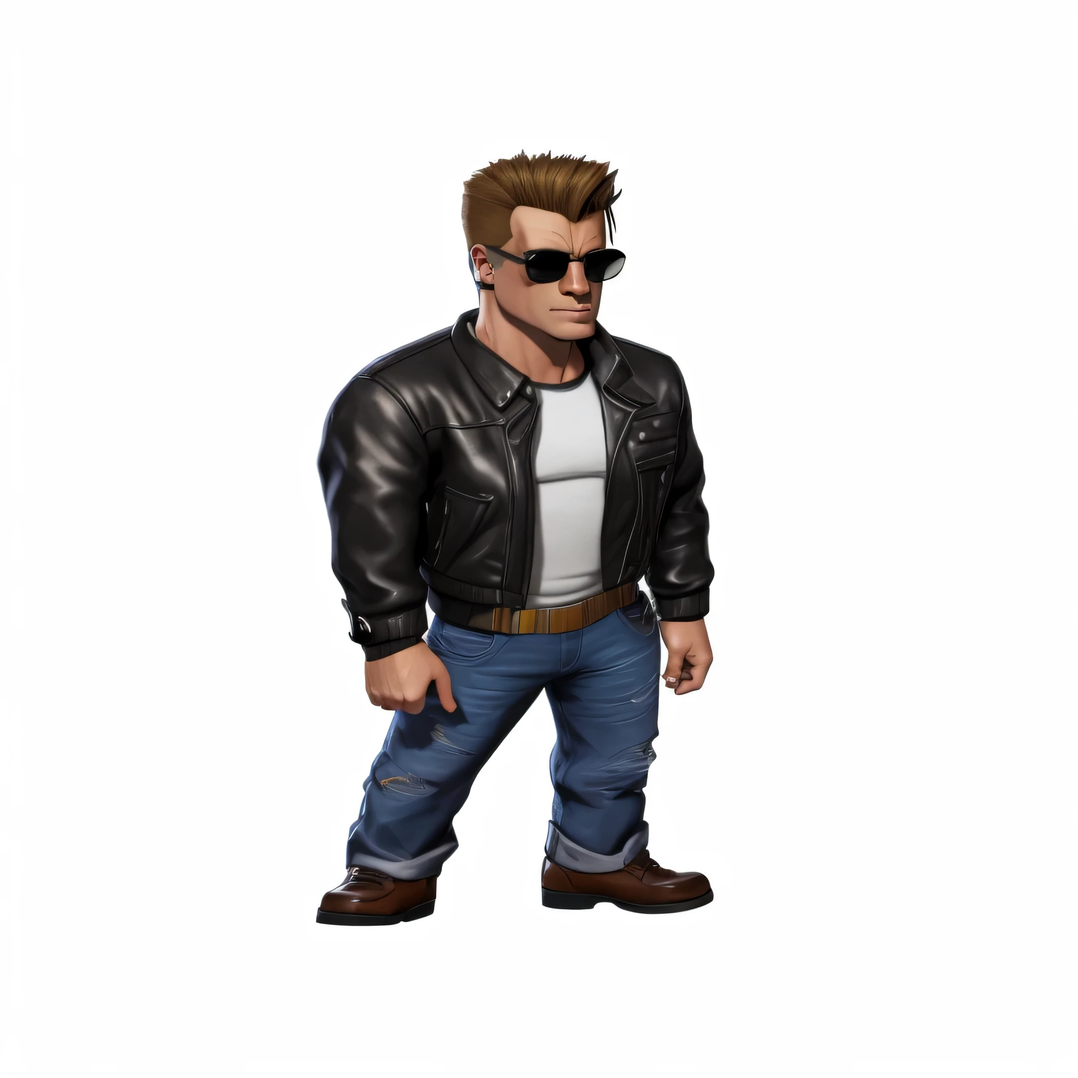 Wearing a leather jacket and jeans、Cartoon man wearing sunglasses, Duke Nukem art style, Duke Nukem 3D full body shot, destroy harris, Concept art of single boy, 3d rendering of Germa 9 8 5, Taylor Deden, Highly detailed iconic characters, gopnik in a black leather jacket, grand theft auto art style, GTA Vice City style art