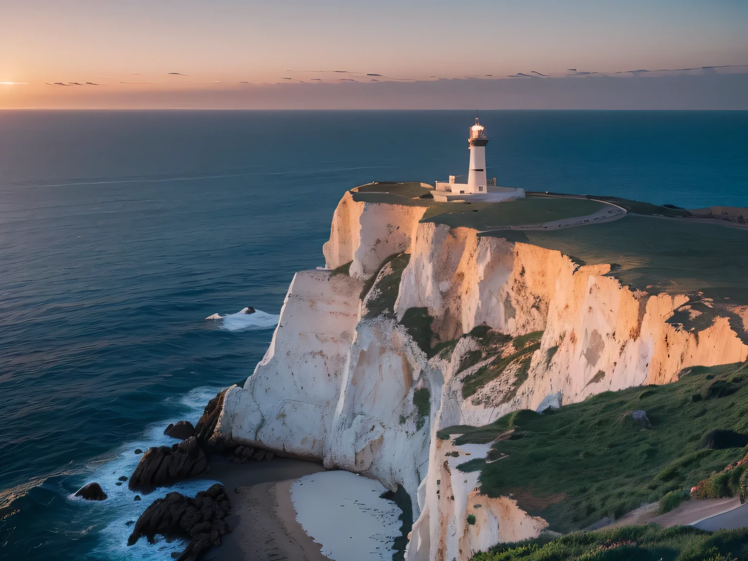 arafed view of a lighthouse on a cliff overlooking the sea, lighthouse, lighthouse, a road leading to the lighthouse, earlier, bold lighthouse in horizon, lit in the light of dawn, lighthouse in the desert, momentum, look to the right, landscape background, overlooking the sea, is an amazing, Cliff edge, 