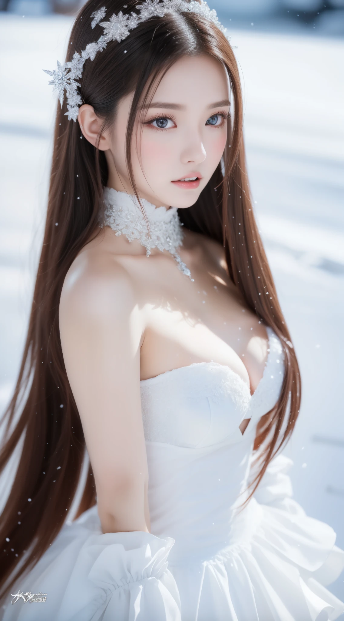 perfect figure beautiful woman:1.4, Layered Hair Style, Protruding cleavage, Snow 2D costume:1.5, jewel, Highly Detailed Face and Skin Textur, double-edged eyelid, Whiten the skin, long hair, Collar,  background snow plains, diamond dust