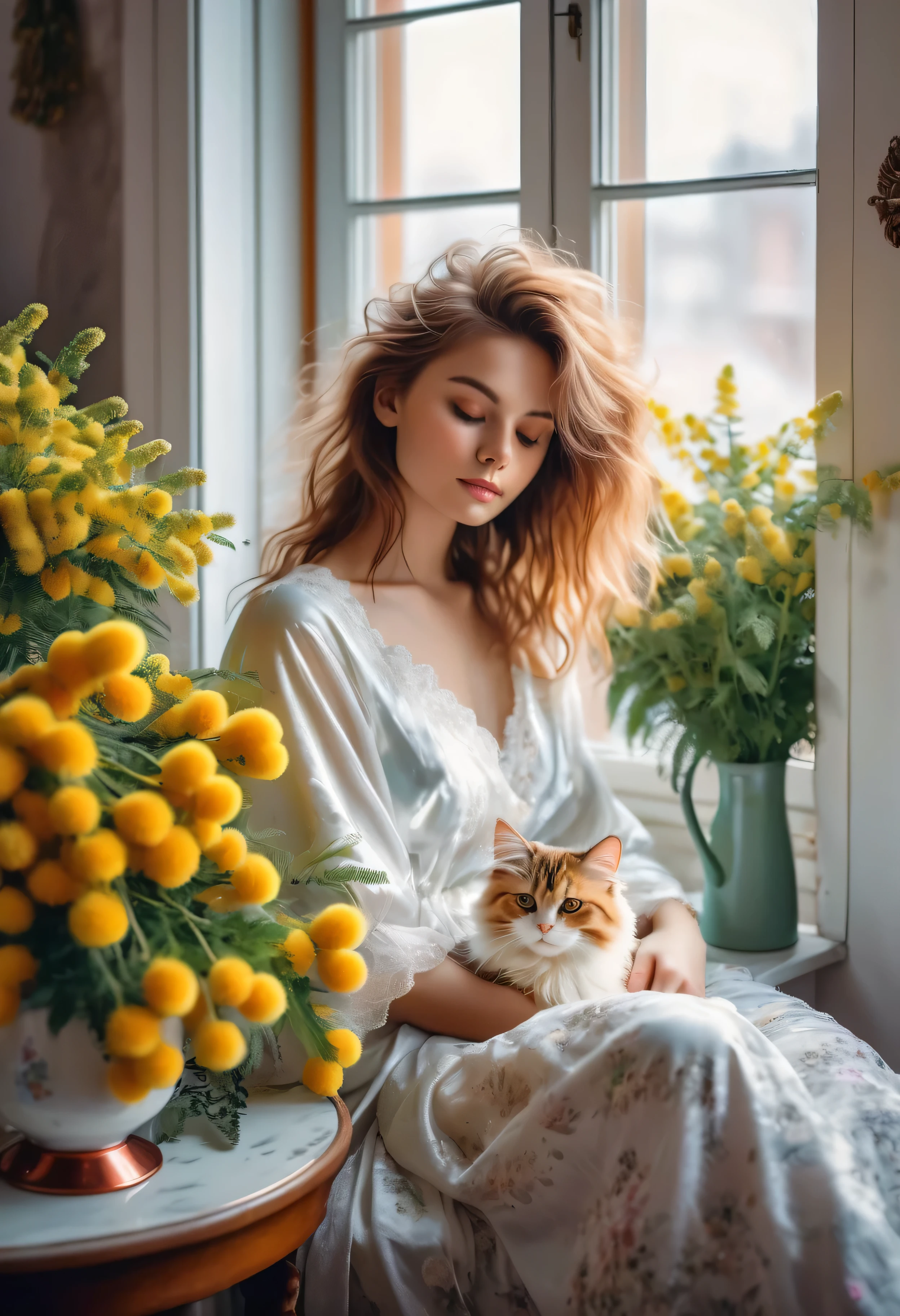 In a small bright room, a beautiful woman sits on the bed, sleepy girl, In a peignoir, with disheveled hair, fluffy lying on her lap, colorful cat, there is a huge bouquet of mimosa on the table by the window, there is a copper coffee maker, hot coffee with creamy foam in a porcelain cup, High detail, Cinematic scene