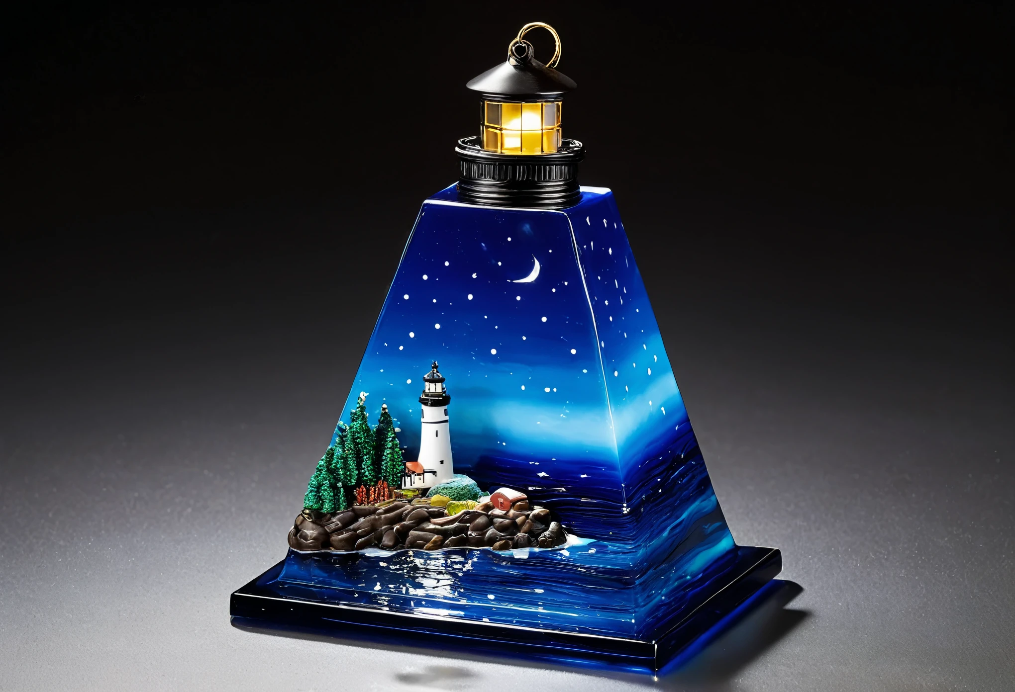 A mesmerizing glass resin desktop ornament featuring a miniature square-shaped blue ocean with a tiny island topped by a lighthouse emitting a bright beam of light, set against a black night background. The intricate details of the resin artwork capture the serene beauty of the ocean and the island, with the lighthouse standing as a beacon of light in the darkness. The composition creates a striking contrast between the vivid blue of the ocean, the illuminated lighthouse, and the dark night sky, evoking a sense of tranquility and guidance. This artwork, crafted by renowned glass artist Dale Chihuly, transforms a simple ornament into a captivating scene that symbolizes safety and hope in the midst of darkness
