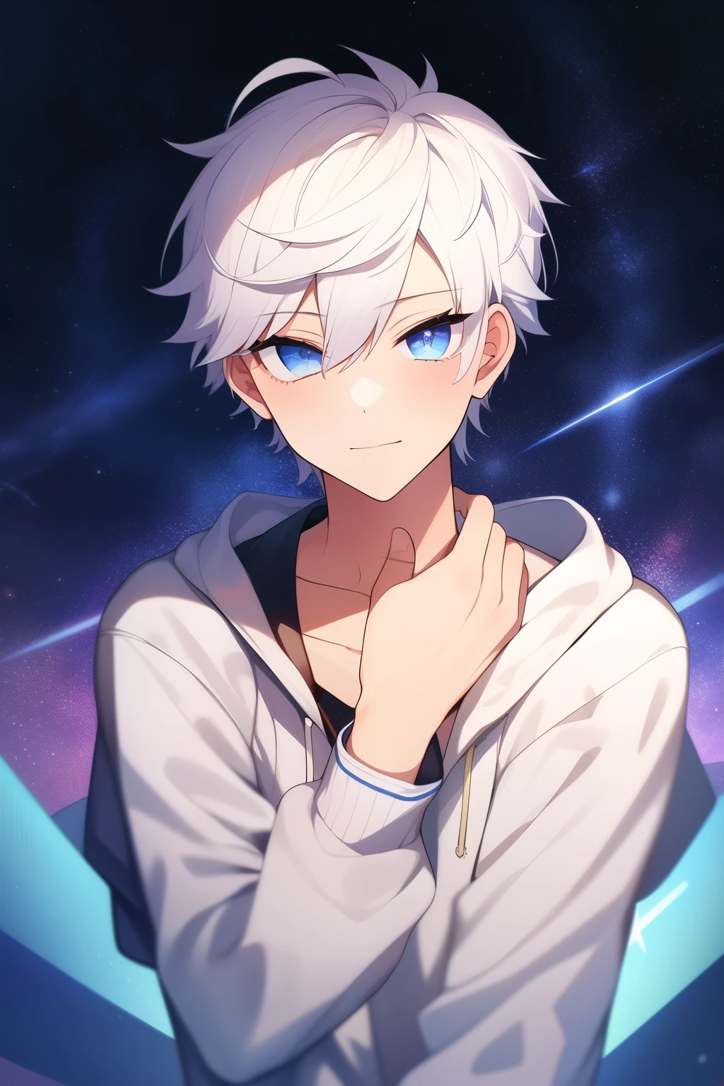 masterpiece, best quality, ((1boy)), (white hair), (white eyelashes), (starry eyes), (flying), (abstract background)