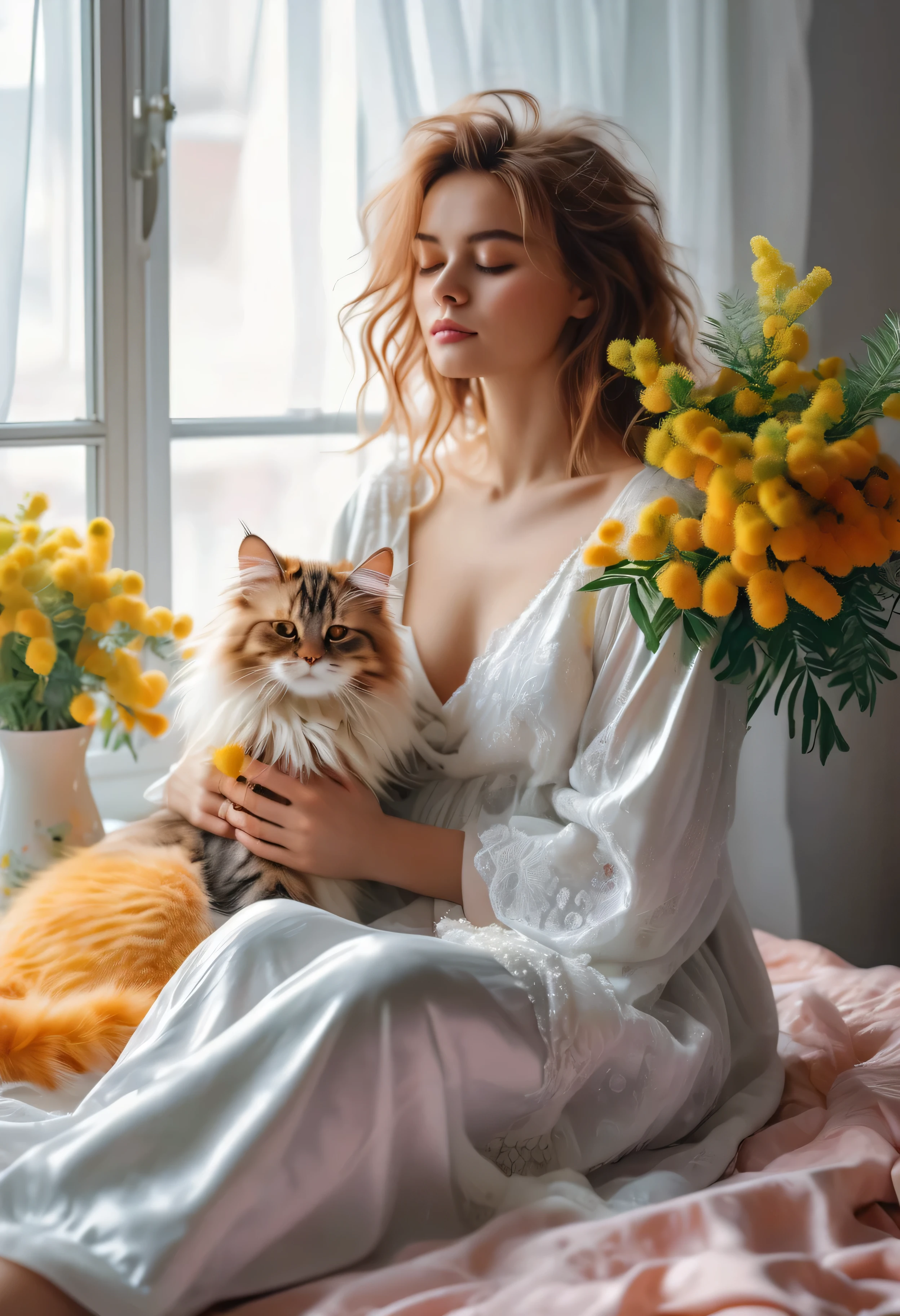 In a small bright room, a beautiful woman sits on the bed, sleepy girl, In a peignoir, with disheveled hair, fluffy lying on her lap, colorful cat, there is a huge bouquet of mimosa on the table by the window, there is a copper coffee maker, hot coffee with creamy foam in a porcelain cup, High detail, Cinematic scene