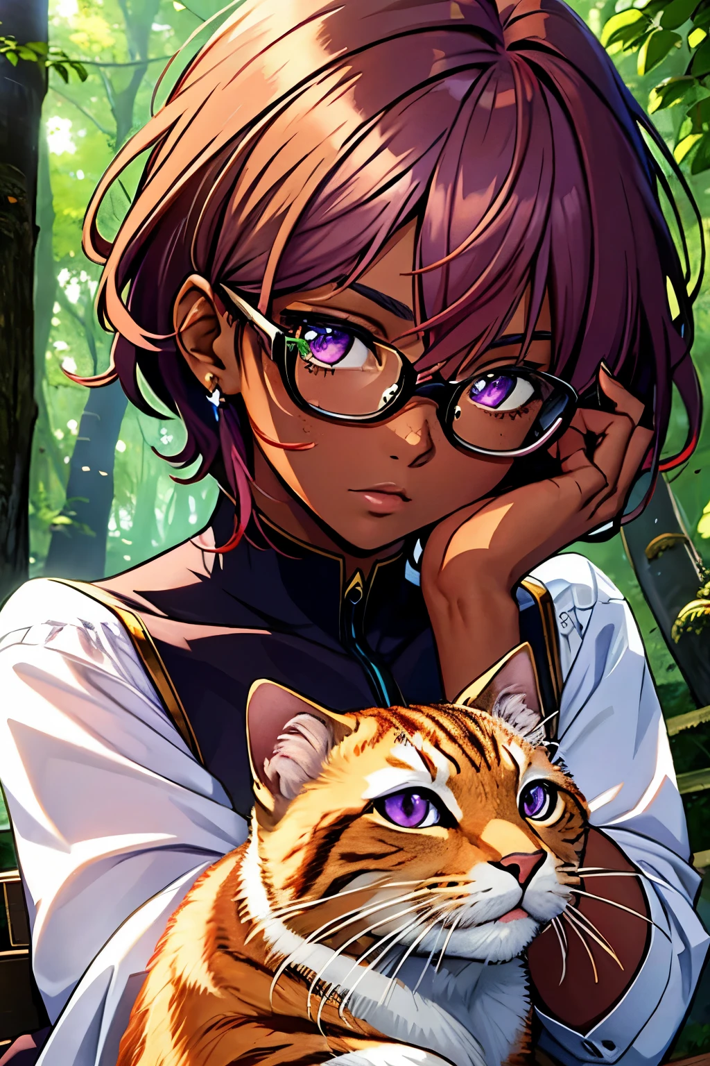 ultra-detailed, masterpiece, highest quality, 1 female, ginger hair, short-medium hair, purple eyes, dark skin, dark skin, student clothes, freckles on the face, serious expression, upper body, portrait, forest background, cat eye glasses,