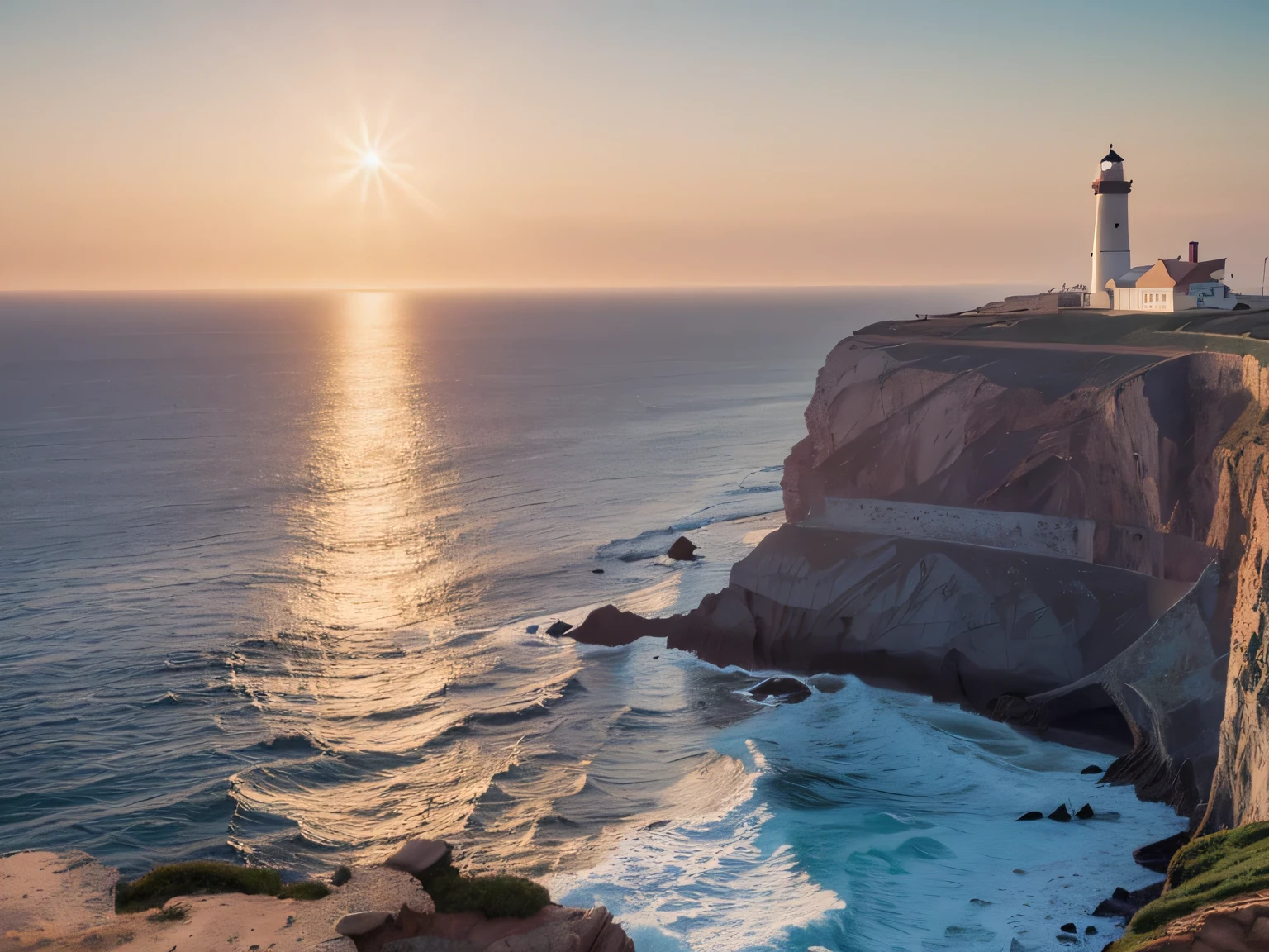 (lighthouse),arafed view of a lighthouse on a cliff overlooking the sea, lighthouse, lighthouse, a road leading to the lighthouse, earlier, bold lighthouse in horizon, lit in the light of dawn, lighthouse in the desert, momentum, look to the right, landscape background, overlooking the sea, is an amazing, Cliff edge,