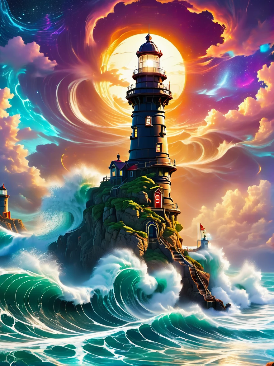 Lovely lighthouse made in Persian architectural style，dark night，huge waves，cliff，(light on top of lighthouse)，3D style，lbender，Cute surface color，The strongest in the universe，Lead navigation，future technology，mechanical lighthouse，Studio Ghibli style，clean background，Simple