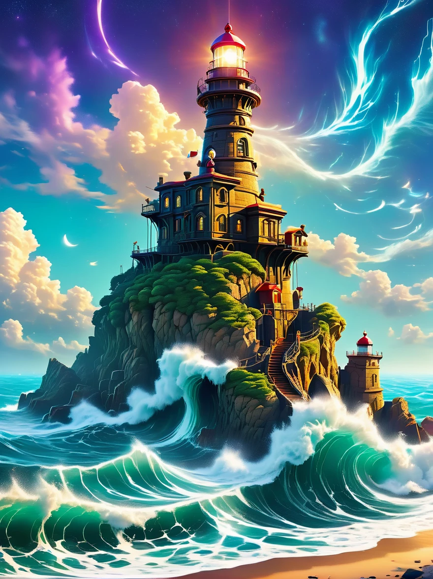 Lovely lighthouse made in Persian architectural style，dark night，huge waves，cliff，(light on top of lighthouse)，3D style，lbender，Cute surface color，The strongest in the universe，Lead navigation，future technology，mechanical lighthouse，Studio Ghibli style，clean background，Simple