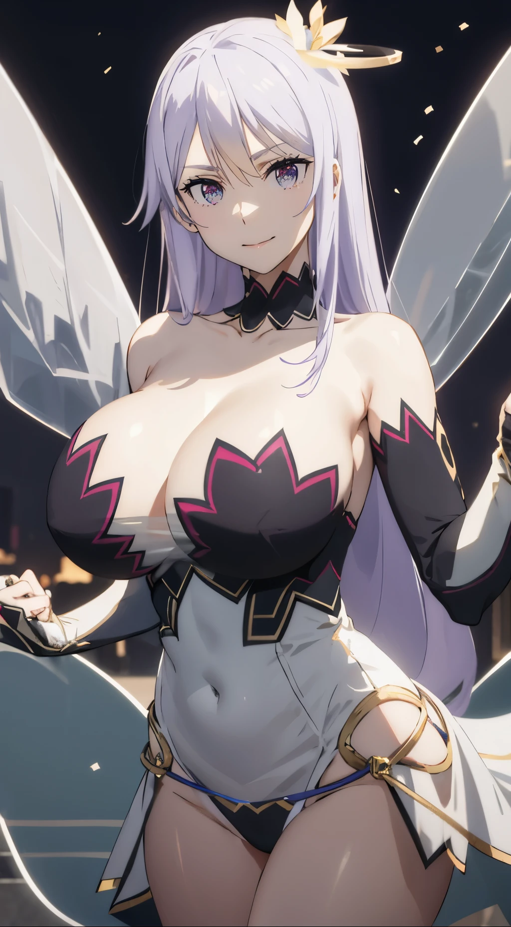 masterpiece, ((royal dressed)), ((wing)), halo, (best quality), (solo), 1girl, reona, silver hair, purple hair , (long skirt), long hair, purple eyes, sexy woman, hair between eyes, hair ornament, vibrant colors , natural lighting, RTX, (huge tits), (detailed face:1.2), (perfect eyes:1.1) ,(photorealistic:1.1), 8k uhd, looking a viewer, outdoors, white backround, smile, (upper body), standing pose, ((open legs), cleavage