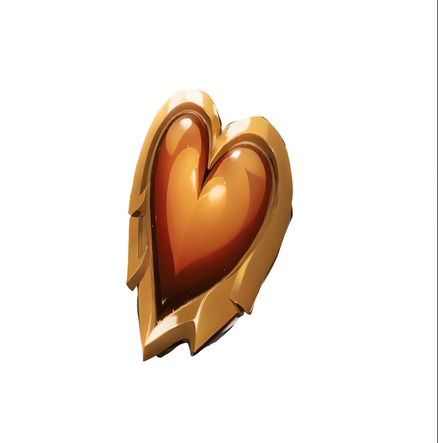 there is a heart shaped object on a white background, heartstone original art style, heartstone, heart emblem on chest, hearts symbol, of a ramlethal valentine, from kingdom hearts, from wow, from world of warcraft, heavy jpeg artifact blurry, golden and copper shining armor, in hearthstone art style, flaming heart, very very low quality, mechanical heart in center