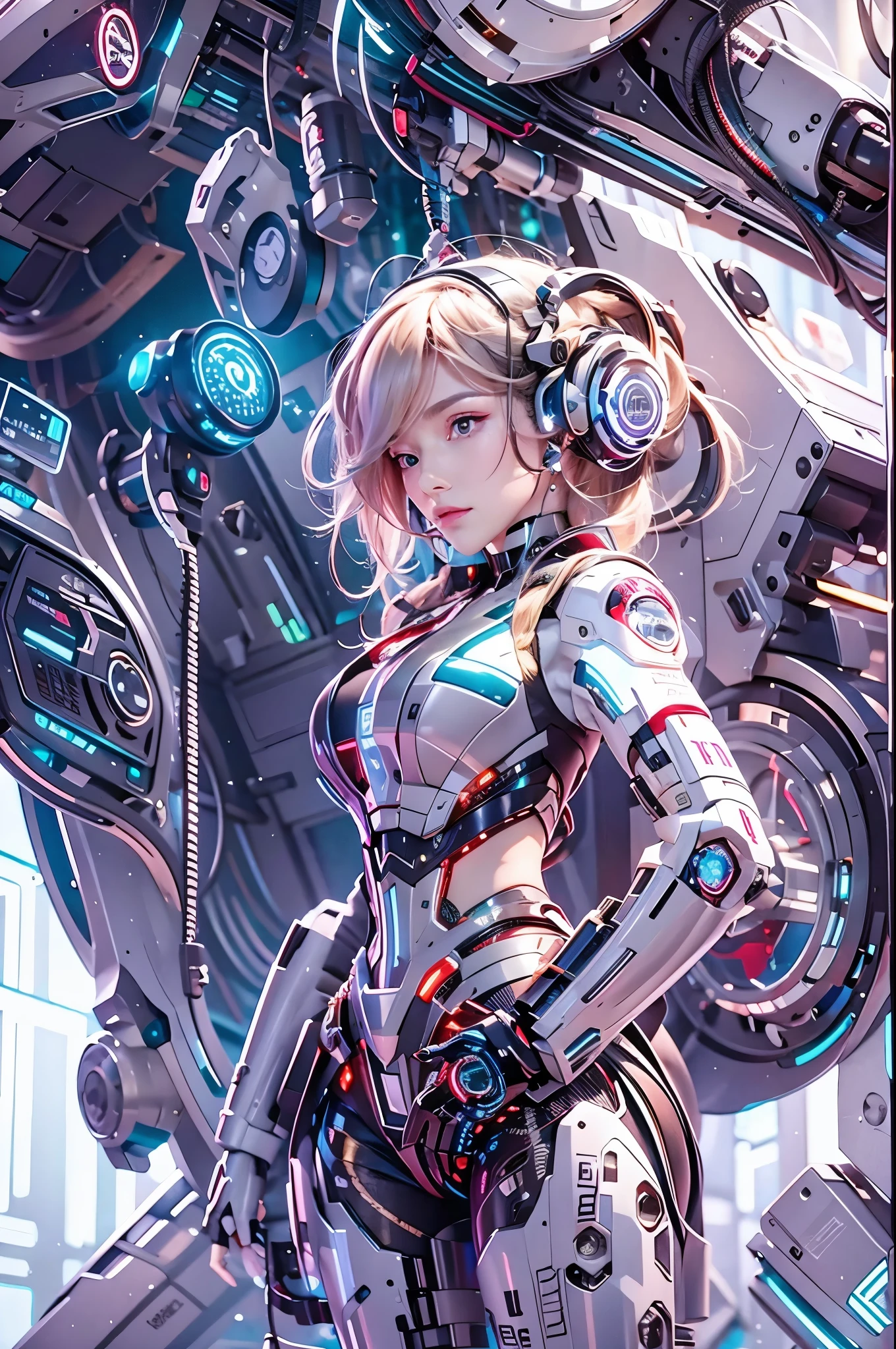best quality,masterpiece,16k,1girl,braid,eyelashes,from side,glowing,long hair,solo,Rear brain wrapped mechanical earphones,Robot arm,indoor,Blue illuminated circular icon on the shoulder,Brown to pink gradient hair,Fragmented mechanical neck guard,Mechanical body,Side close-up,Mecha,Realistic materials,Luminous earphones,Mechanical earphones,Glowing mecha,Multi light source mecha,night