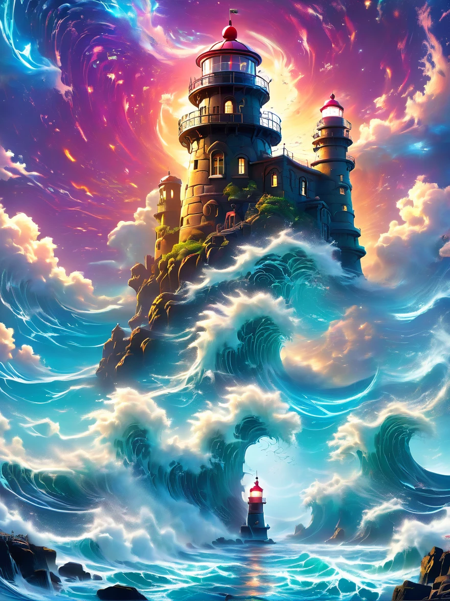 Lovely lighthouse made in Persian architectural style，dark night，huge waves，cliff，(light on top of lighthouse)，3D style，lbender，Cute surface color，The strongest in the universe，Lead navigation，future technology，mechanical lighthouse，Studio Ghibli style，clean background，Simple