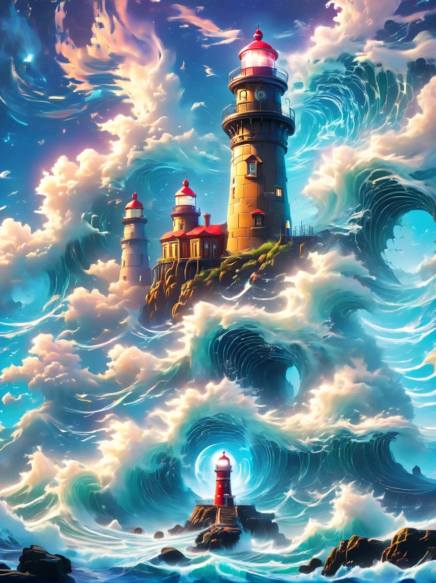 Lovely lighthouse made in Persian architectural style，dark night，huge waves，cliff，(light on top of lighthouse)，3D style，lbender，Cute surface color，The strongest in the universe，Lead navigation，future technology，mechanical lighthouse，Studio Ghibli style，clean background，Simple