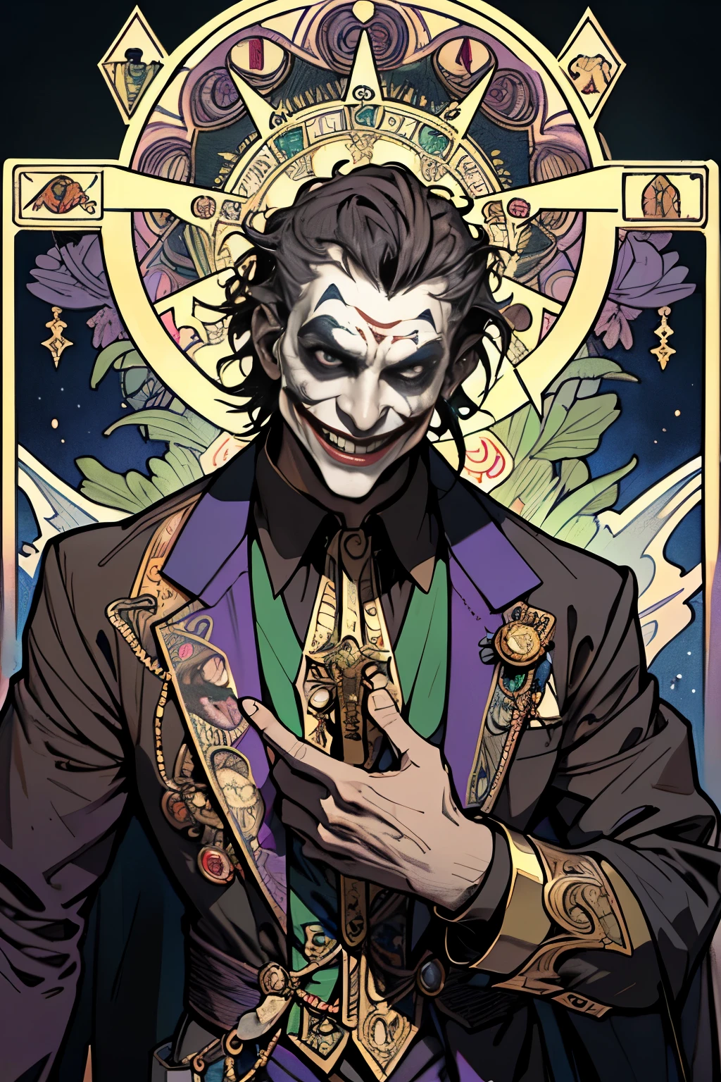 Masterpiece, Superior Quality, a mid age man, joker custum, crazy smiling, mischievous, carnival lighting, Tarot, Symbolism, Visual Arts, Occult, Universal, Vision Casting, Philosophy, Iconography, Numerology, Popularity, Arts, Alphonse Mucha