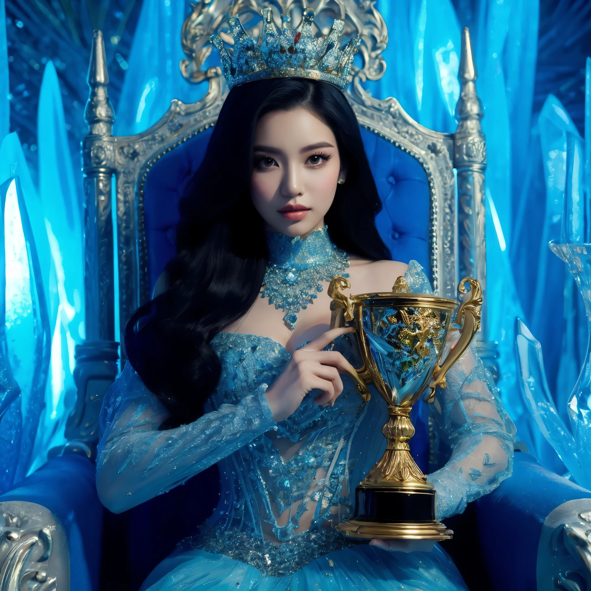 photography. beautiful Indonesian woman, long black hair, white skin, 23 years old, wearing a gold crown, wearing a blue futuristic queen dress, sitting in the queen's chair, holding a futuristic trophy. blue ice royal throne background.