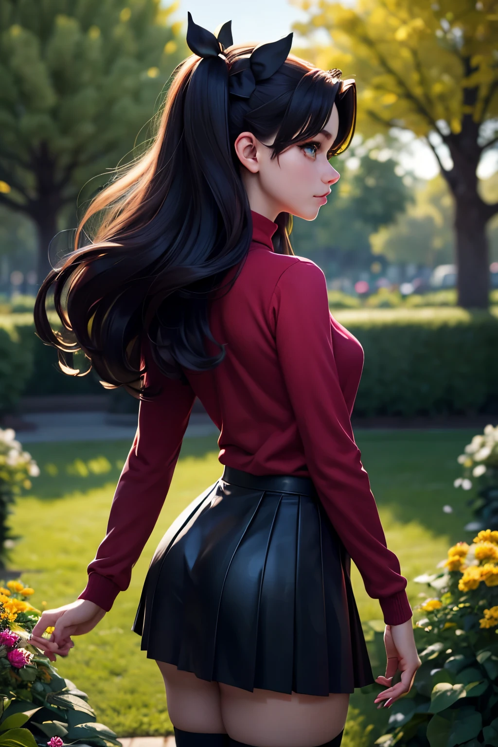 (masterpiece), best quality, expressive eyes, perfect face, 1girl, solo, rintohsaka, rin tohsaka, aqua eyes, black hair, hair ribbon, long hair, ribbon, sidelocks, two side up, black skirt, black thighhighs, long sleeves, miniskirt, pleated skirt, ((red sweater)), skirt, sweater, thighhighs, turtleneck, (high detailed garden environment, her side to us, sideview, looking at viewer: 1.3), (realistic photo, best quality, detailed), (8k wallpaper), (cinematic lighting, dramatic lighting) (sharp focus, intricate)