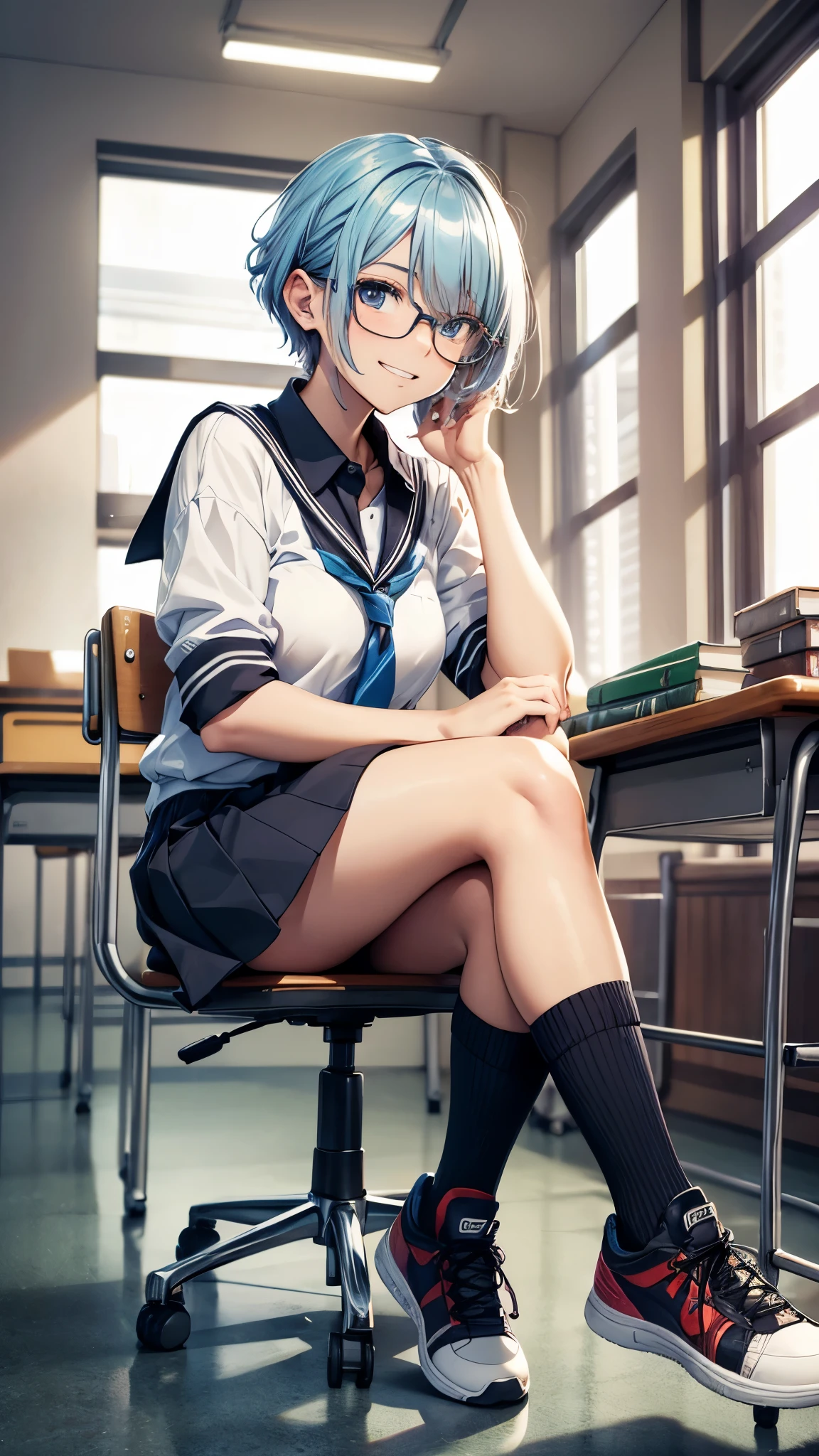 ((Inside the school,inside the classroom)),desk,chair,one 18-aged girl, blonde short hair colored mixed blue hair, sitting on the chair, spreading her legs,wearing glasses,grin, smile,natural-make-up,high school uniform,blouse, skirts, ((socks,sneakers))