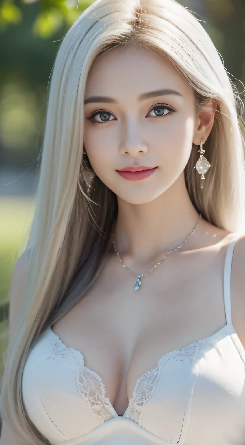 8K, masutepiece, Raw photo, Best Quality, Photorealistic, Highly detailed CG Unity 8k wallpaper, depth of fields, Cinematic Light, Lens Flare, Ray tracing, (Extremely beautiful face, Beautiful lips, Beautiful eyes), intricate detail face, ((Ultra detailed skin)) 1girl in, In the Dark, deepshadow, Cute s, ((Looking at Viewer)), (seducting smile), (Blurry background), earrings, Bracelets, Necklace, Clear eyes, Front shot, (pale skin), Face forward, (Big eyes), ((upperbody shot)), (Camel toe), White hair、brue eyes、white colors、Winters、Green Tree々、Sunshine