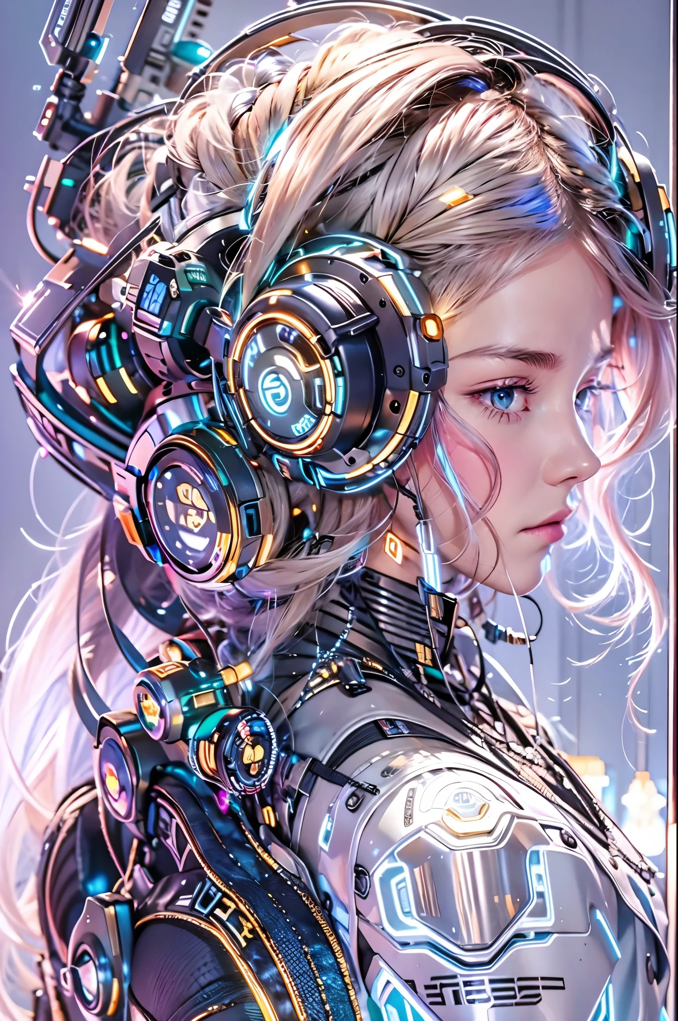 best quality，masterpiece，16k，1girl,braid,eyelashes,from side,glowing,long hair,solo,Rear brain wrapped mechanical earphones,Robot arm,indoor,Blue illuminated circular icon on the shoulder,Brown to pink gradient hair,Fragmented mechanical neck guard,Mechanical body,Side close-up,Mecha,Realistic materials,Luminous earphones,Mechanical earphones,Glowing mecha,Multi light source mecha,night