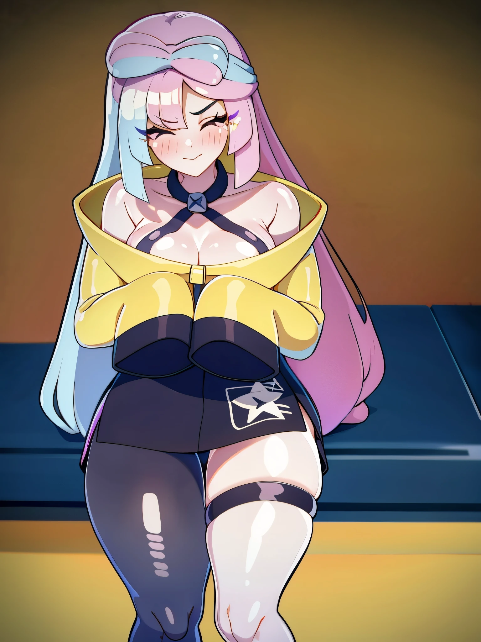 8k, RAW photos, top quality, masterpiece: 1.2), (High Quality), ray tracing, HDR, (High Details), (Face detail), (Shadow Detail), (amplected), stylized blush, 3d, 3d render, 1girl, solo, masterpiece, best quality, high quality, highres, 4K, perfect anatomy, rendered eyes, closed mouth, lip gloss, makeup, woman, detailed, cleavage, thick thighs, 1girl, solo, masterpiece, best quality, high quality, highres, 4K, Gradient eyes, iono, long hair, hair ornament, character hair ornament, bow-shaped hair, pink hair, oversized clothing, jacket, yellow jacket, wide sleeves, sleeves past wrists, black shorts, grey pantyhose, single leg pantyhose, thigh strap