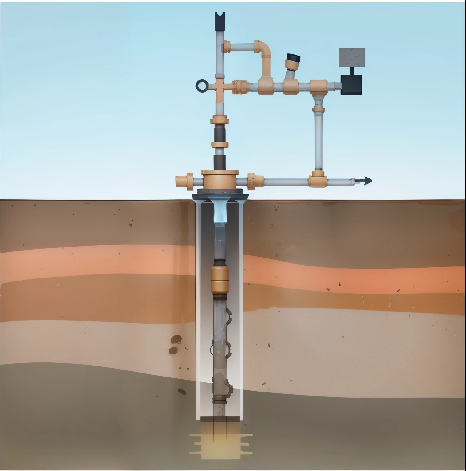 a drawing of a pipe with a valve and a pipe connected to it, cross section, an illustration of, oilfield scene, conceptual, biroremediation plant, inset xray cross-section, an illustration, cut-away, detailed digital illustration, subsurface cracks, gas, rendering of the windigo, with pipes attached to it, illustration detailed