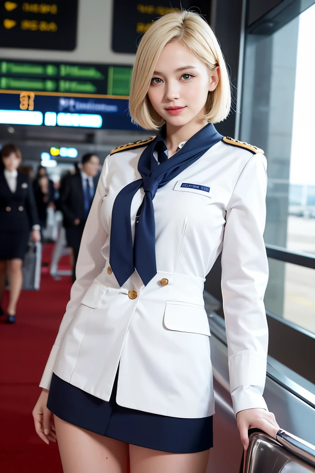 highest quality, masterpiece, 8k, ultra high resolution, (realistic: 1.4), 1 girl, beautiful face, symmetrical eyes, big, perfect body proportions, ((short bob))、(blonde), stewardess uniform, the gaze of the beholder, (Inside the airport: 1.2), Front view, Absolute area (1.3),friendly smile