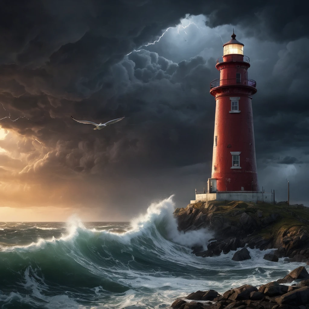 High Resolution, High Quality, Masterpiece. Wildlife Photographer of the Year. Lighthouse enduring a violent storm, embodying solitude and despair, hope diminishing in the savage tempest, painted in the style of Philippe Vignal, sharp focus, 32k resolution, dramatic studio lighting, photorealistic concept art featuring acrylic precision, complex detailing, ultra HD clarity, enriched by vivid colors, harmoniously orchestrated with soft, natural, volumetric lighting, Unreal Engine creation. soft natural volumetric cinematic perfect light.