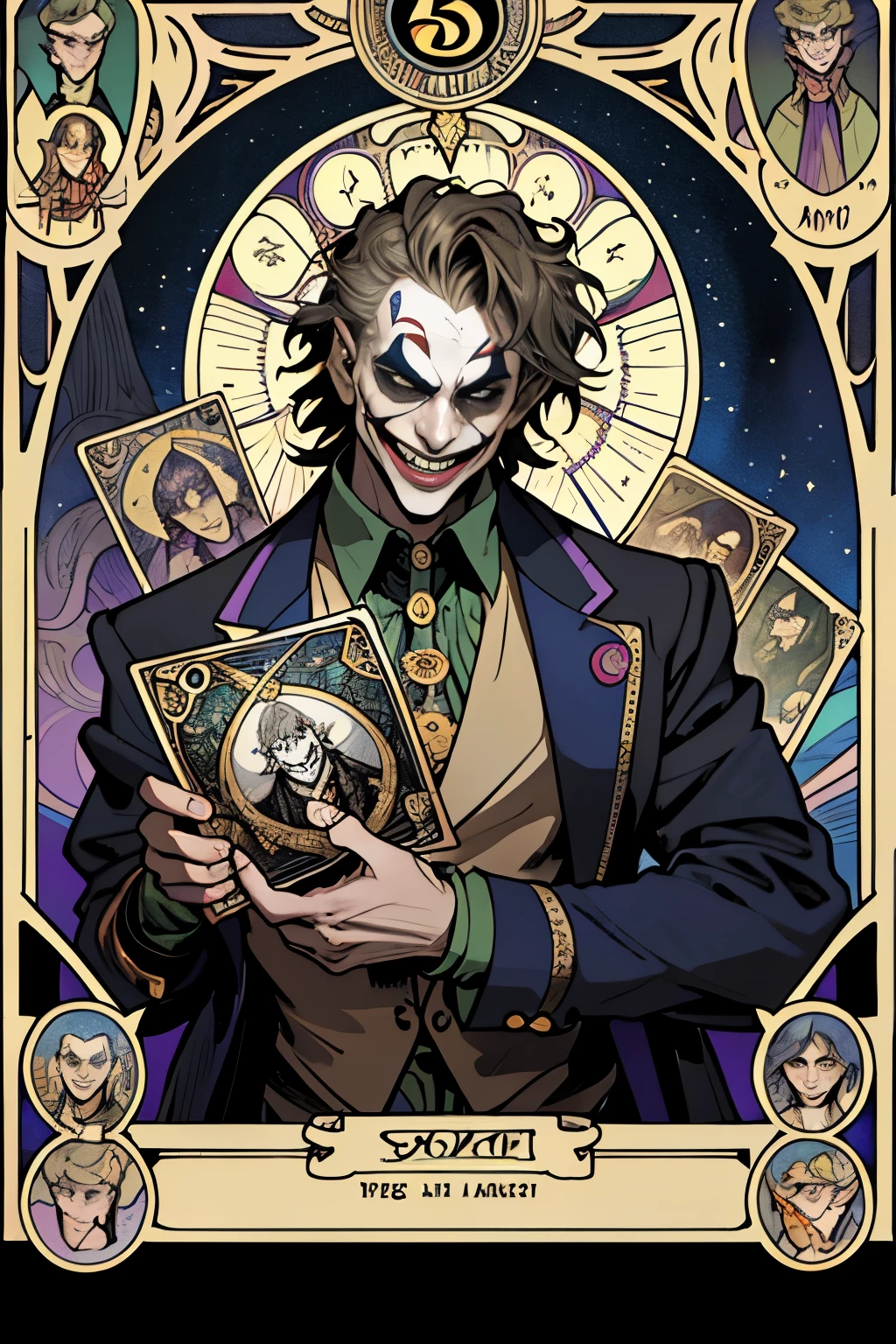 Masterpiece, Superior Quality, a mid age man, joker custum, crazy smiling, mischievous, carnival lighting, Tarot, Symbolism, Visual Arts, Occult, Universal, Vision Casting, Philosophy, Iconography, Numerology, Popularity, Arts, Alphonse Mucha,tarot card border