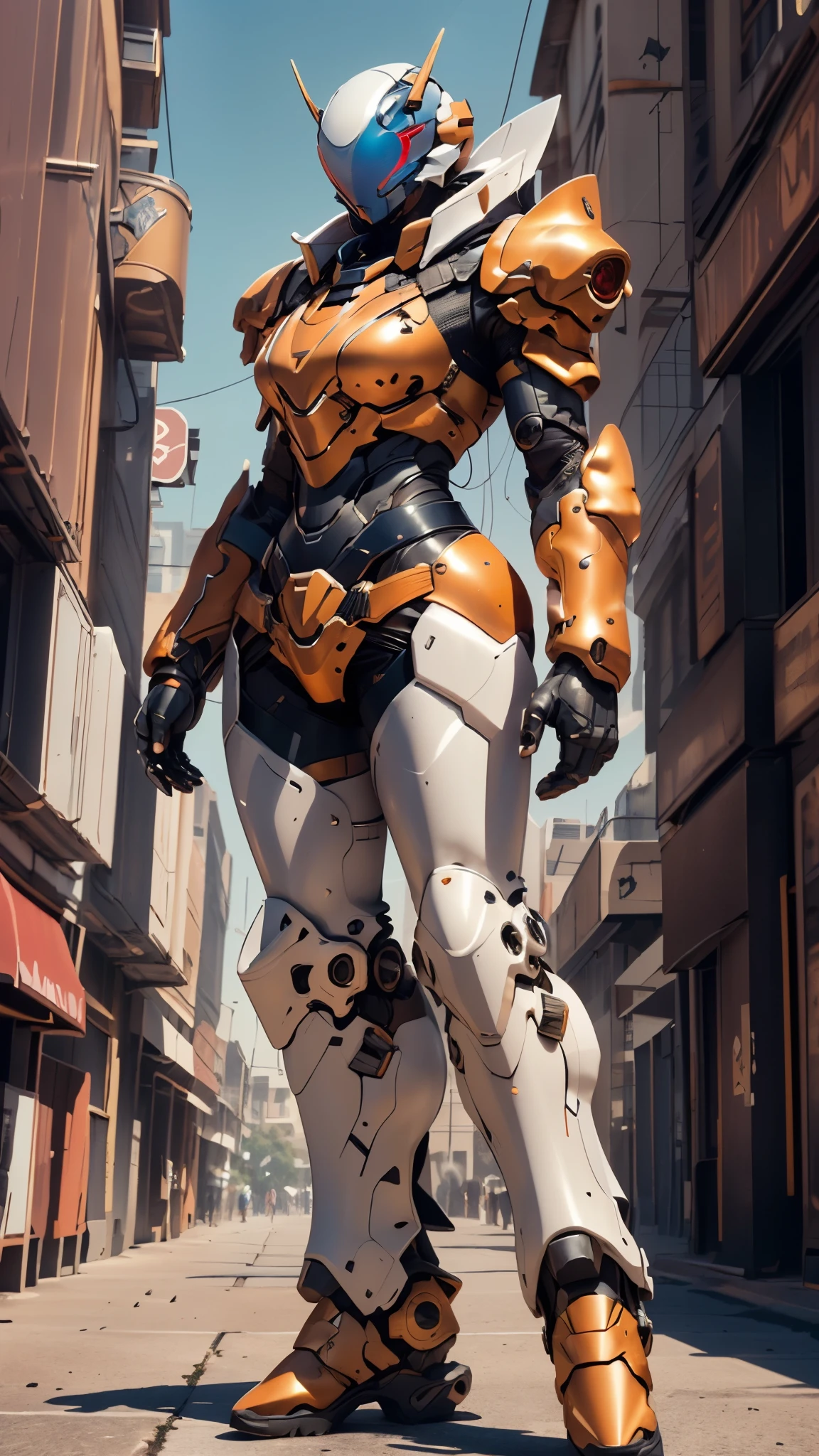A woman adorned in fantasy-style full-body armor, a crown-concept fully enclosed helmet that unveils only her eyes, a composite layered chest plate, fully encompassing shoulder and hand guards, a lightweight waist armor, form-fitting shin guards, the overall design is heavy-duty yet flexible, ((the armor gleams with a golden glow, complemented by red and blue accents)), exhibiting a noble aura, she floats above a fantasy-surreal high-tech city, this character embodies a finely crafted fantasy-surreal style armored hero in anime style, exquisite and mature manga art style, (Queen bee mixed with Spider concept Armor, Central America woman), ((elegant, goddess, femminine:1.5)), metallic, high definition, best quality, highres, ultra-detailed, ultra-fine painting, extremely delicate, professional, anatomically correct, symmetrical face, extremely detailed eyes and face, high quality eyes, creativity, RAW photo, UHD, 32k, Natural light, cinematic lighting, masterpiece-anatomy-perfect, masterpiece:1.5