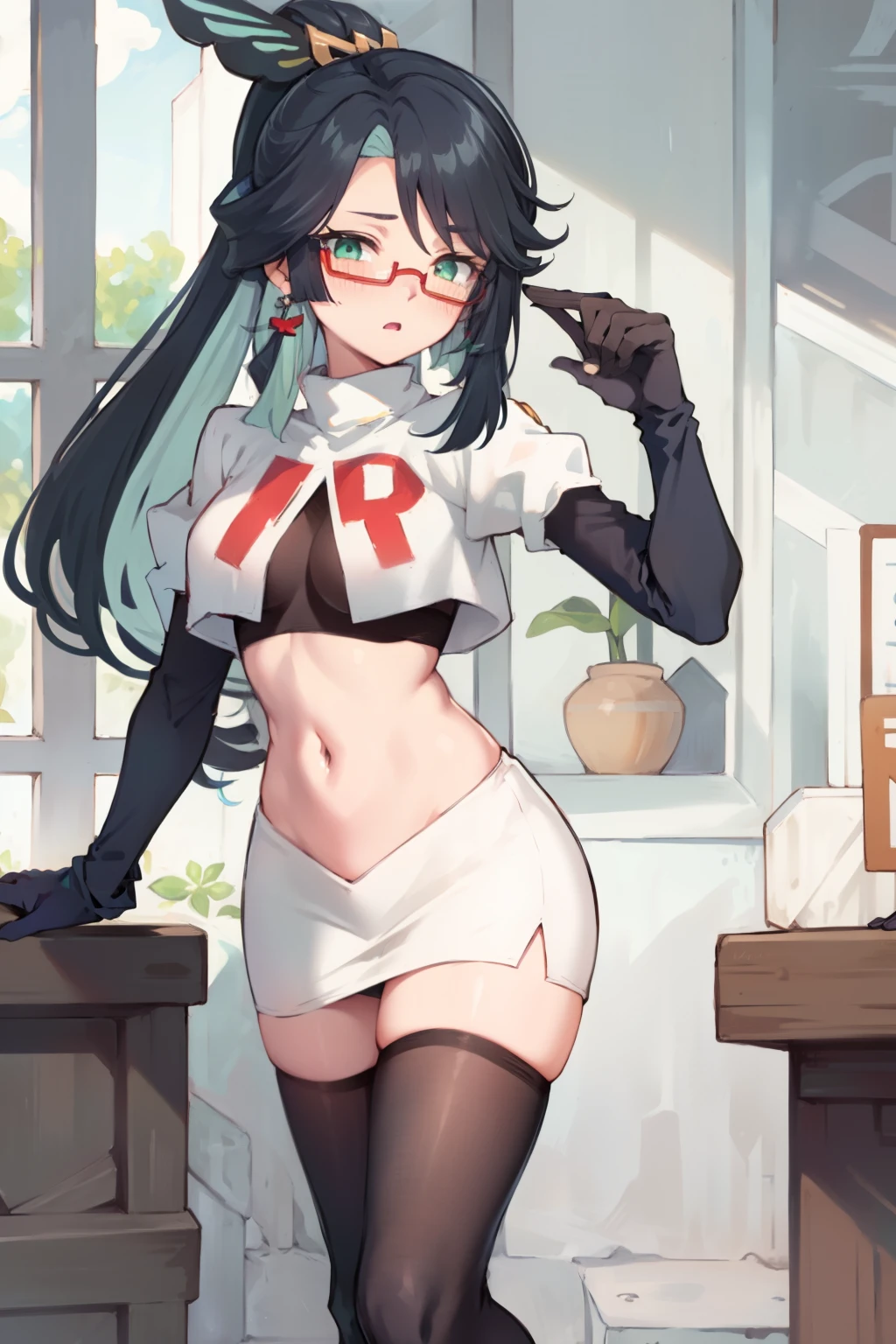 2d, masterpiece, best quality, anime, highly detailed face, perfect lighting, long hair, ponytail, multicolored hair, black hair, bangs, glasses, semi-rimless eyewear, earrings, green hair, hair ornament, jewelry, red-framed eyewear, green eyes, team rocket,team rocket uniform,white skirt,red letter R,crop top,black thigh-highs,black elbow gloves, embarrassed, blush