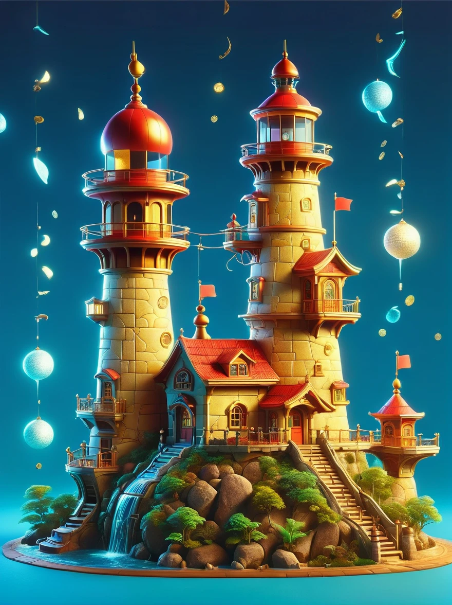 Lovely lighthouse made in Persian architectural style，3D style，lbender, Cute surface color，The strongest in the universe，Lead navigation，future technology，mechanical lighthouse，Studio Ghibli style，clean background，Simple