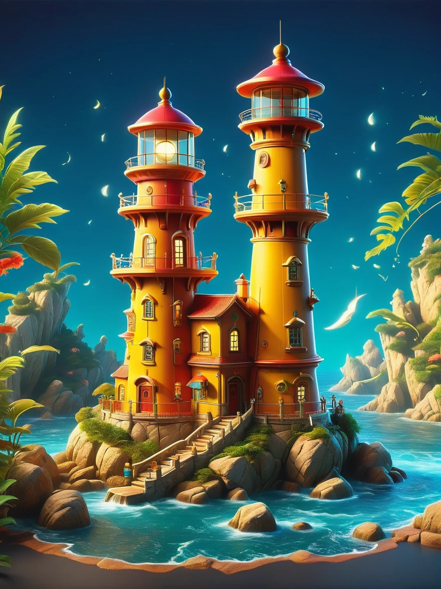 Lovely lighthouse made in Persian architectural style，3D style，lbender, Cute surface color，The strongest in the universe，Lead navigation，future technology，mechanical lighthouse，Studio Ghibli style，clean background，Simple