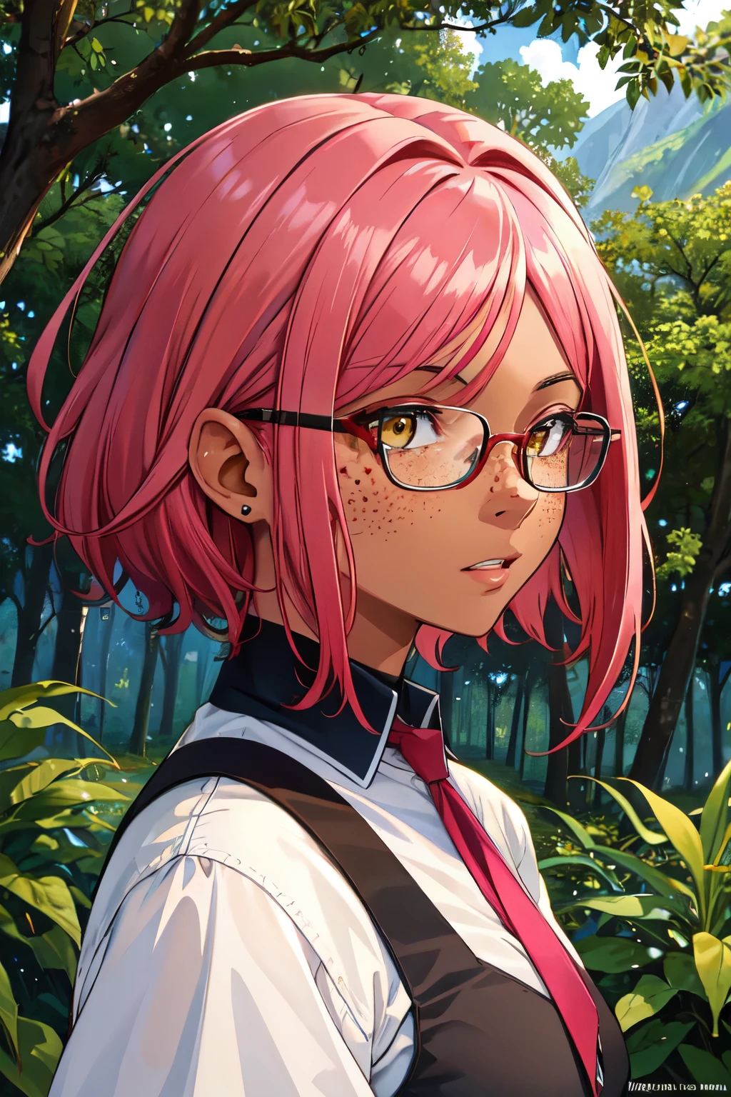 ultra-detailed, masterpiece, highest quality, 1 female, red pink hair, short-medium hair, yellow eyes, dark skin, dark skin, freckles on the face, serious expression, upper body, portrait, forest background, glasses,