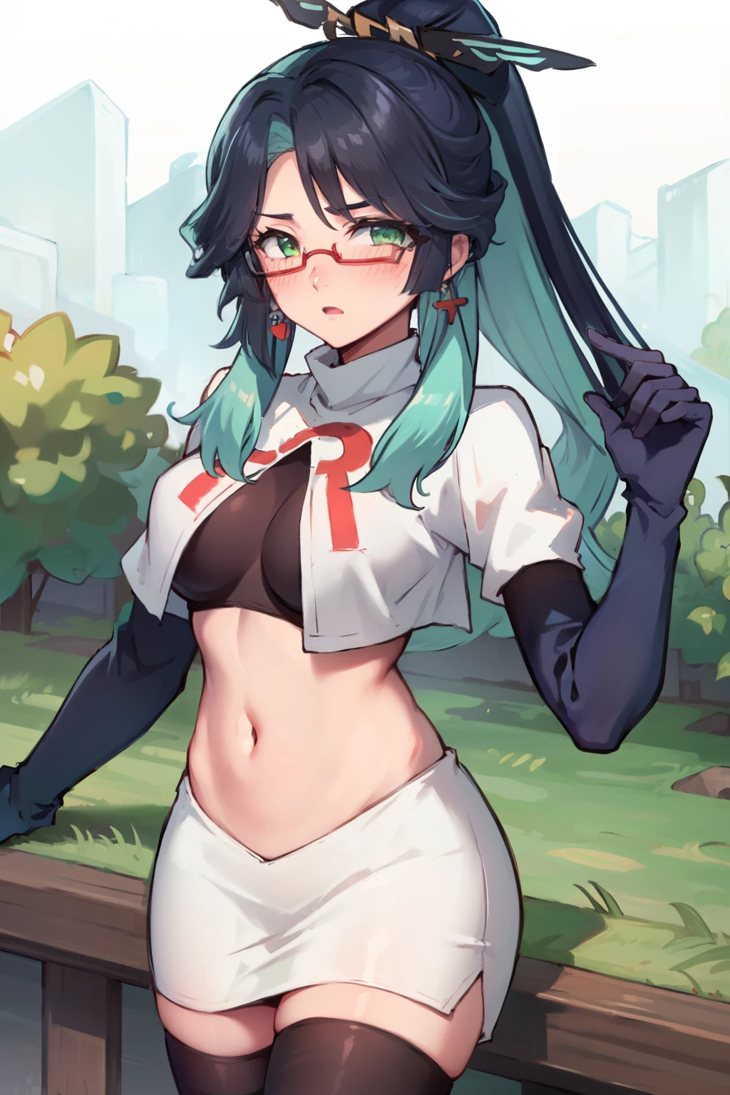 2d, masterpiece, best quality, anime, highly detailed face, perfect lighting, long hair, ponytail, multicolored hair, black hair, bangs, glasses, semi-rimless eyewear, earrings, green hair, hair ornament, jewelry, red-framed eyewear, green eyes, team rocket,team rocket uniform,white skirt,red letter R,crop top,black thigh-highs,black elbow gloves, embarrassed, blush