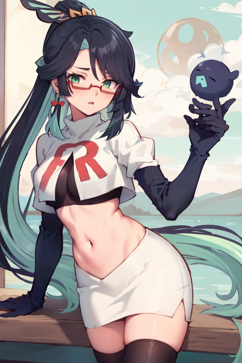 2d, masterpiece, best quality, anime, highly detailed face, perfect lighting, long hair, ponytail, multicolored hair, black hair, bangs, glasses, semi-rimless eyewear, earrings, green hair, hair ornament, jewelry, red-framed eyewear, green eyes, team rocket,team rocket uniform,white skirt,red letter R,crop top,black thigh-highs,black elbow gloves, embarrassed, blush