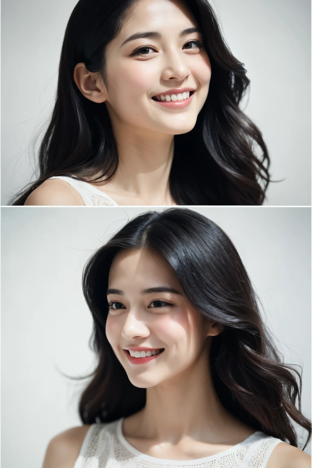 best quality, masterpiece, Highres, 1girl, happy and smile, Beautiful and perfect face, long black hair with Layer Cut, Simple and tight dress, Complex Details, Cinematic feel, 8K, highlydetailed、Big 、Shot from the waist up、hand on own chest, Distract your gaze、turning sideways、sideshot
